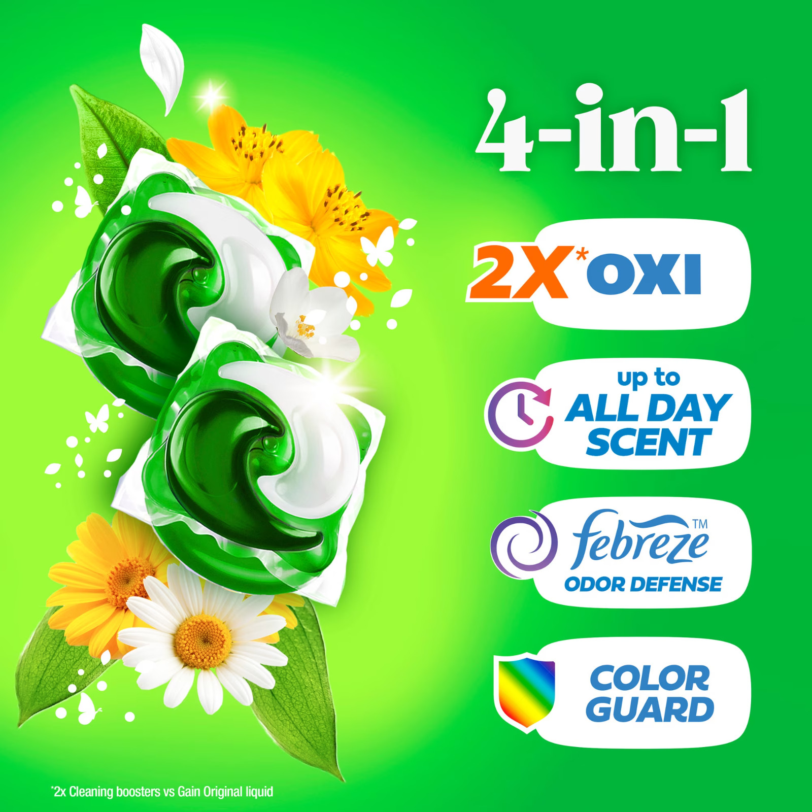 Flings Laundry Detergent Soap Pacs, 4-In-1 Oxi Boost and Febreze, 60 Count