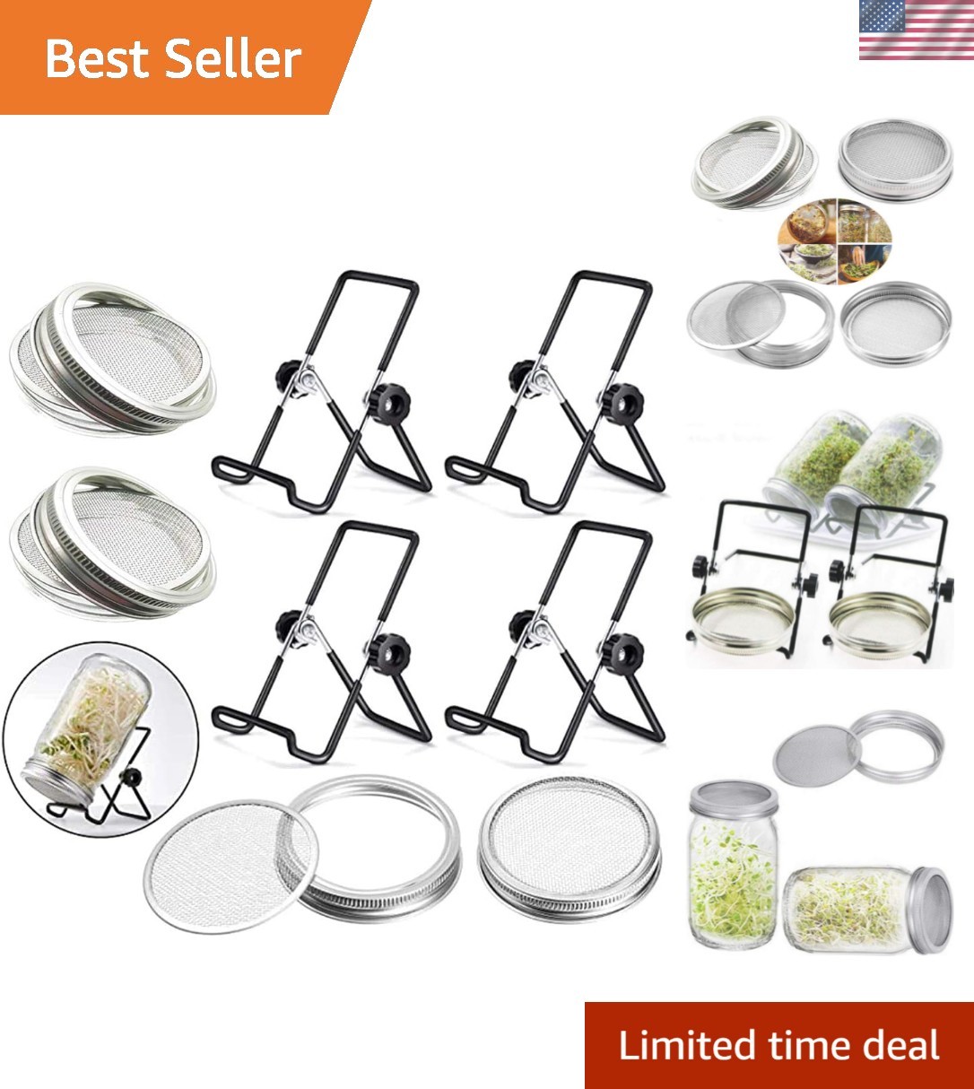 Sprouting Jar Lid 32oz Glass Jars with 4 Pack Stainless Steel Sprouting Stand…