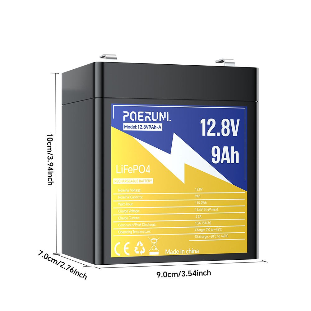 12V 9Ah LiFePO4 Lithium Battery Built-in BMS Deep Cycle For Solar Off-Grid RV