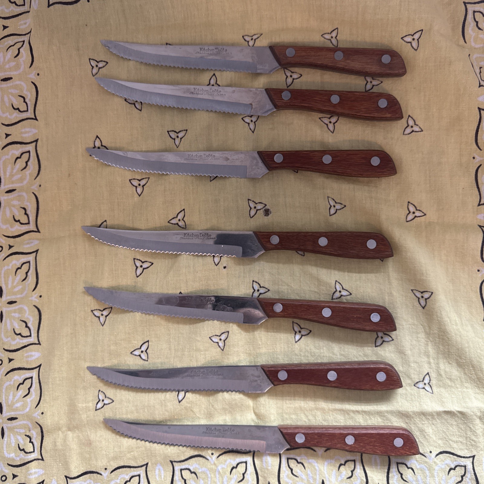 Lot Of 7 Vintage Kitchen Delite Stainless Steel Japan Steak Knives Wood Handle