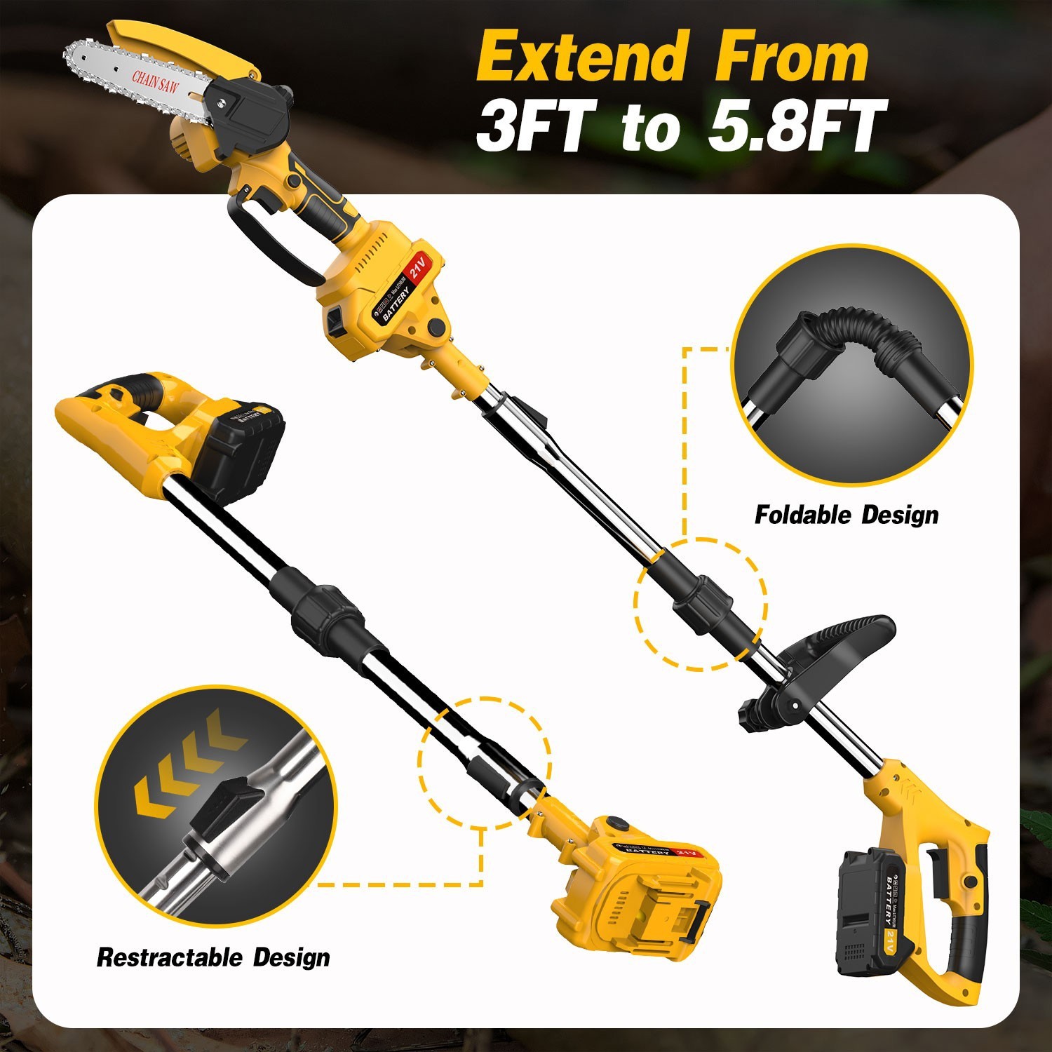 Cordless Pole Saw, Brushless Mini Chainsaw with Pole With 2 Pack 21V Batteries