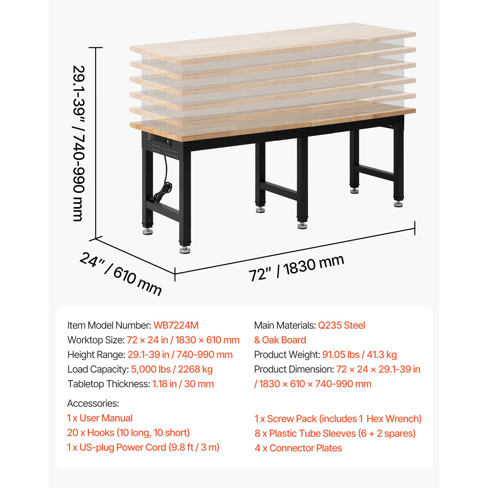 Uimoso Adjustable Workbench with Oak Wood Top and Built-in Power Outlets,72x24in