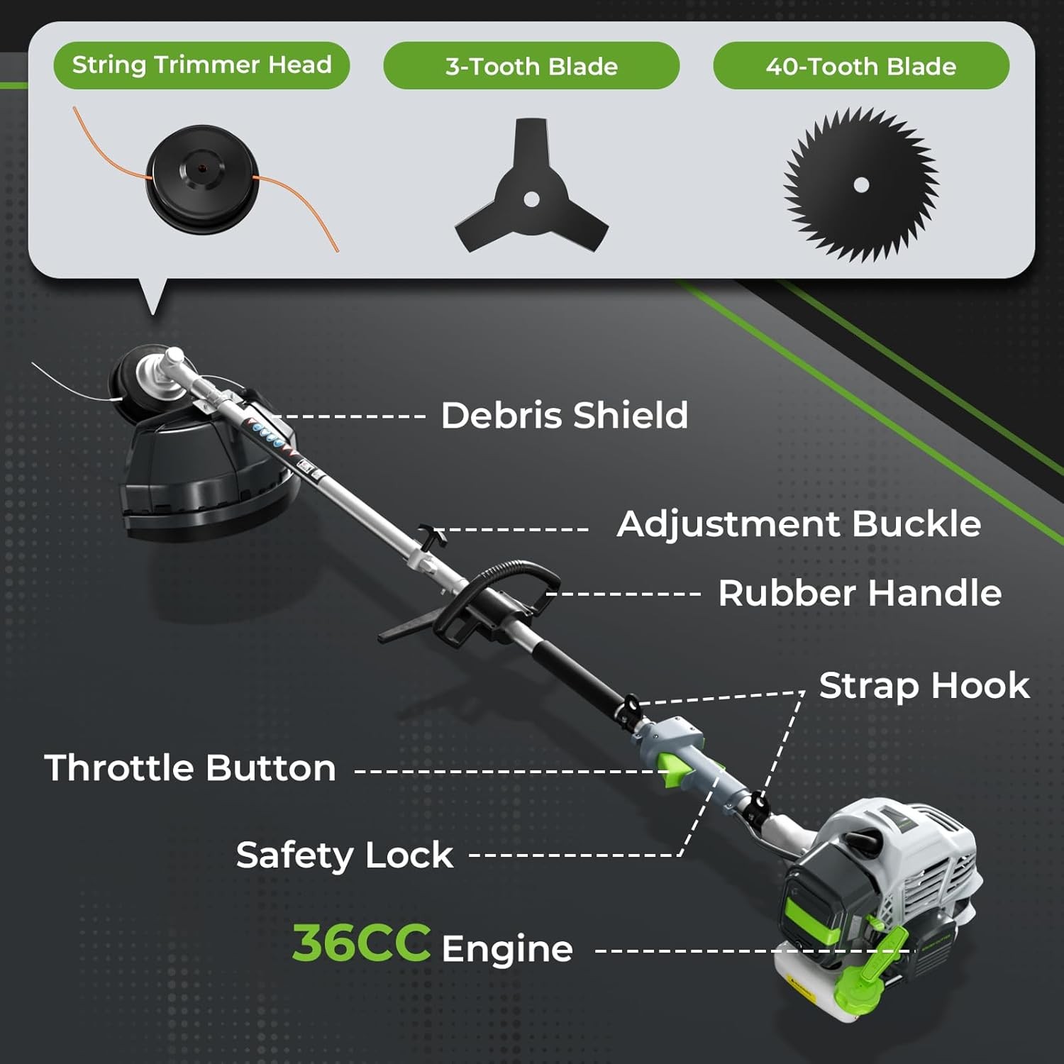 2-Stroke 3-in-1 36CC Gas Powered Weed Wacker Eater String Trimmer 3/40-Tooth