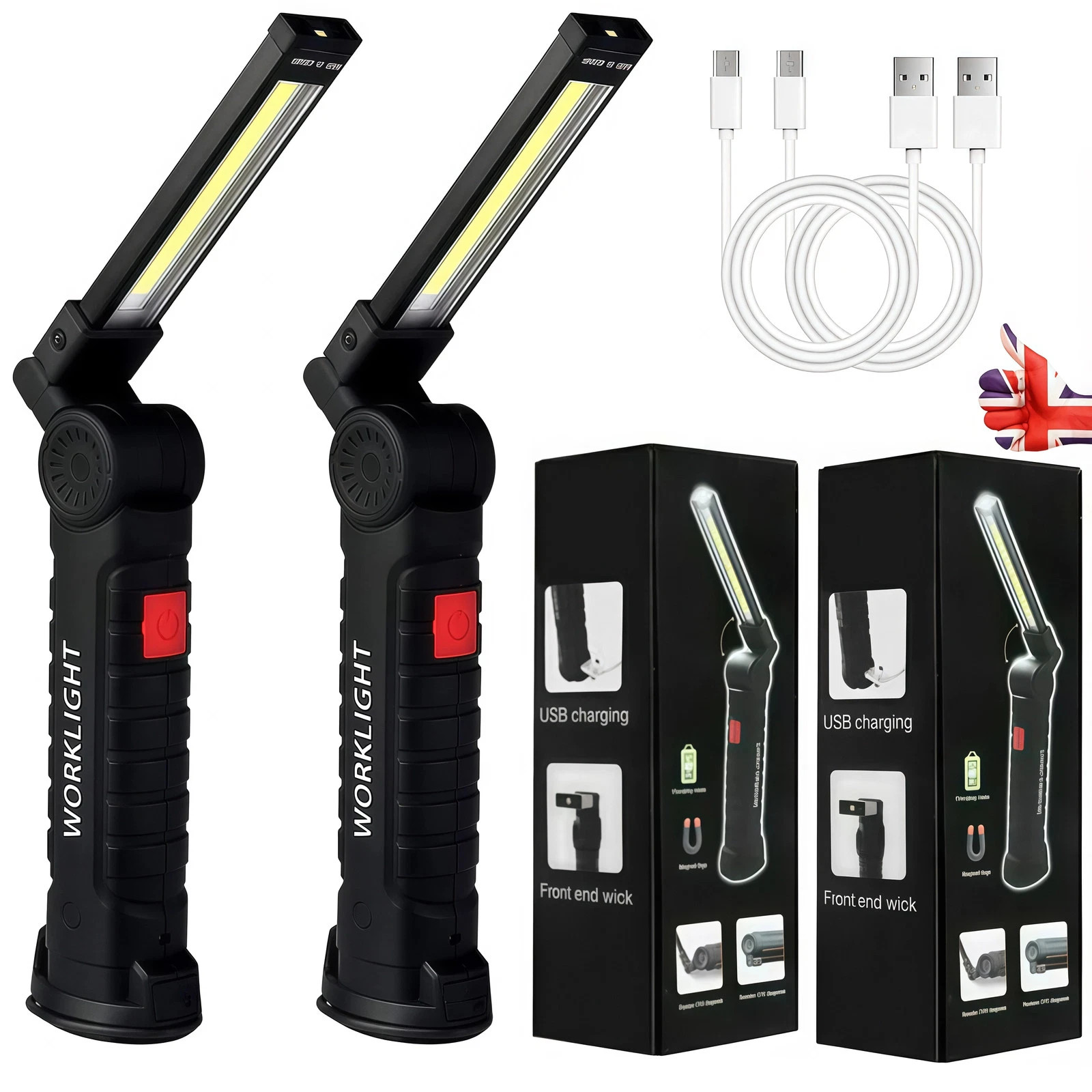 2PCS Work Light Rechargeable LED Magnetic COB Inspection Torch, Type-C Cordless