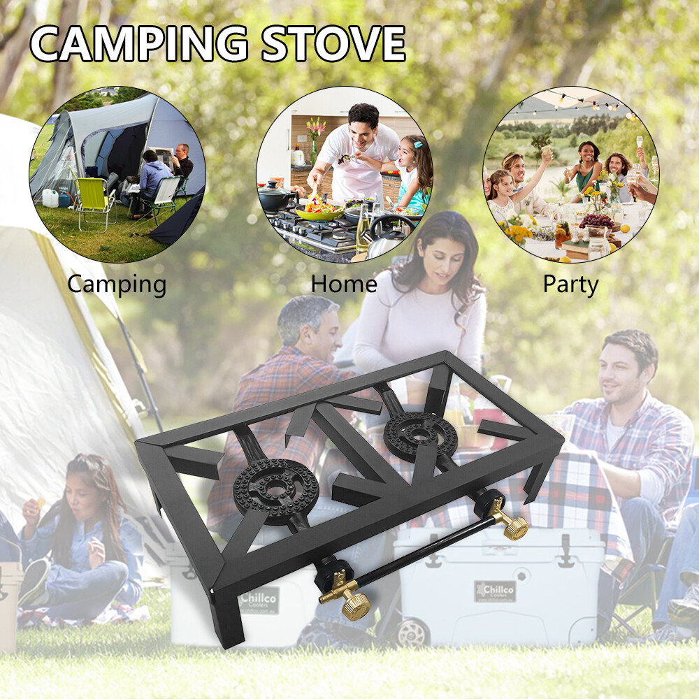 Cast Iron Double Burner Portable Outdoor Camp Stove Propane Gas LPG BBQ Cooker