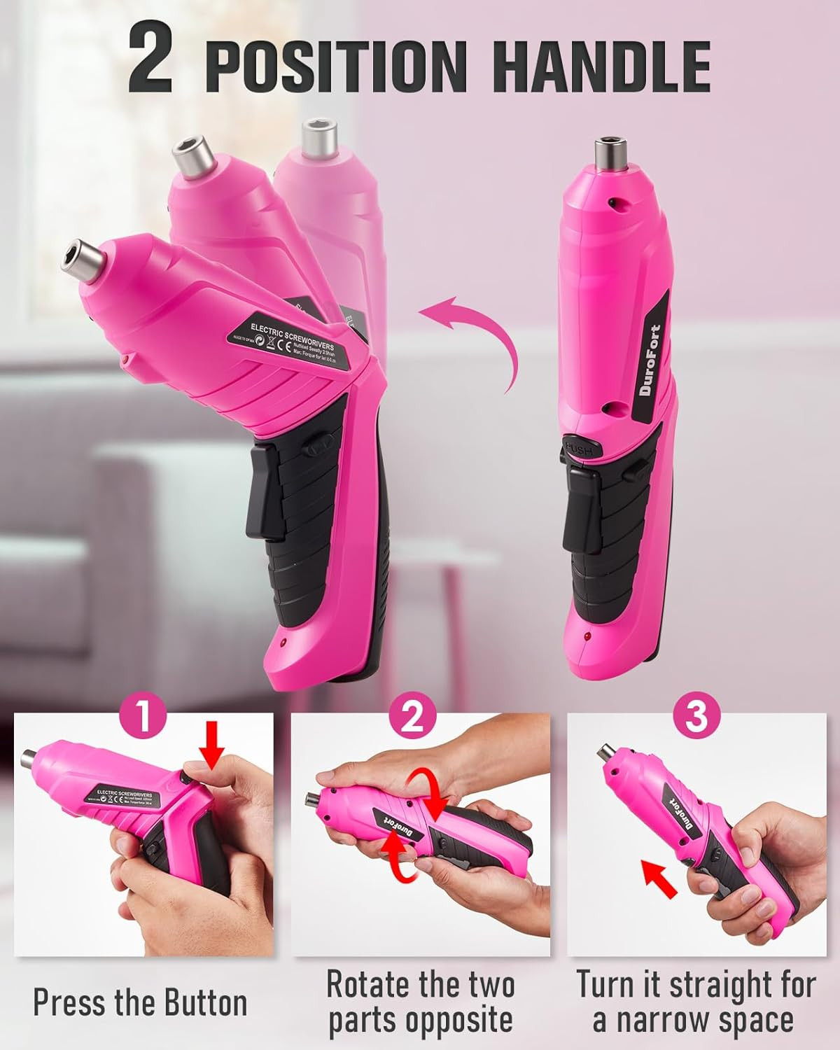 Pink Cordless Electric Screwdriver Set, 3.7V Rechargeable Small Electric Drill w