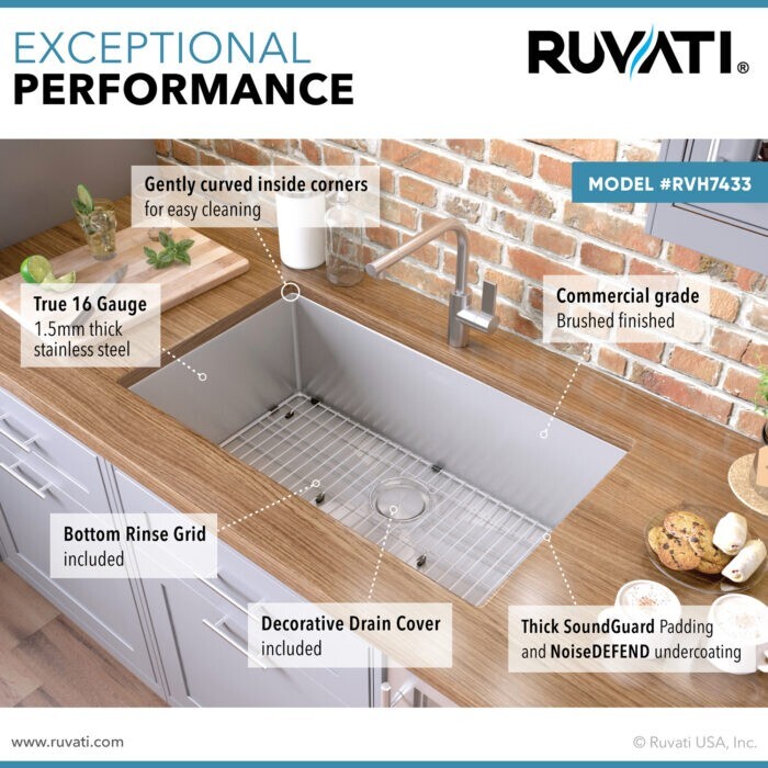 Ruvati 33″ Undermount 16 Gauge Large Kitchen Sink Single Bowl – RVH7433
