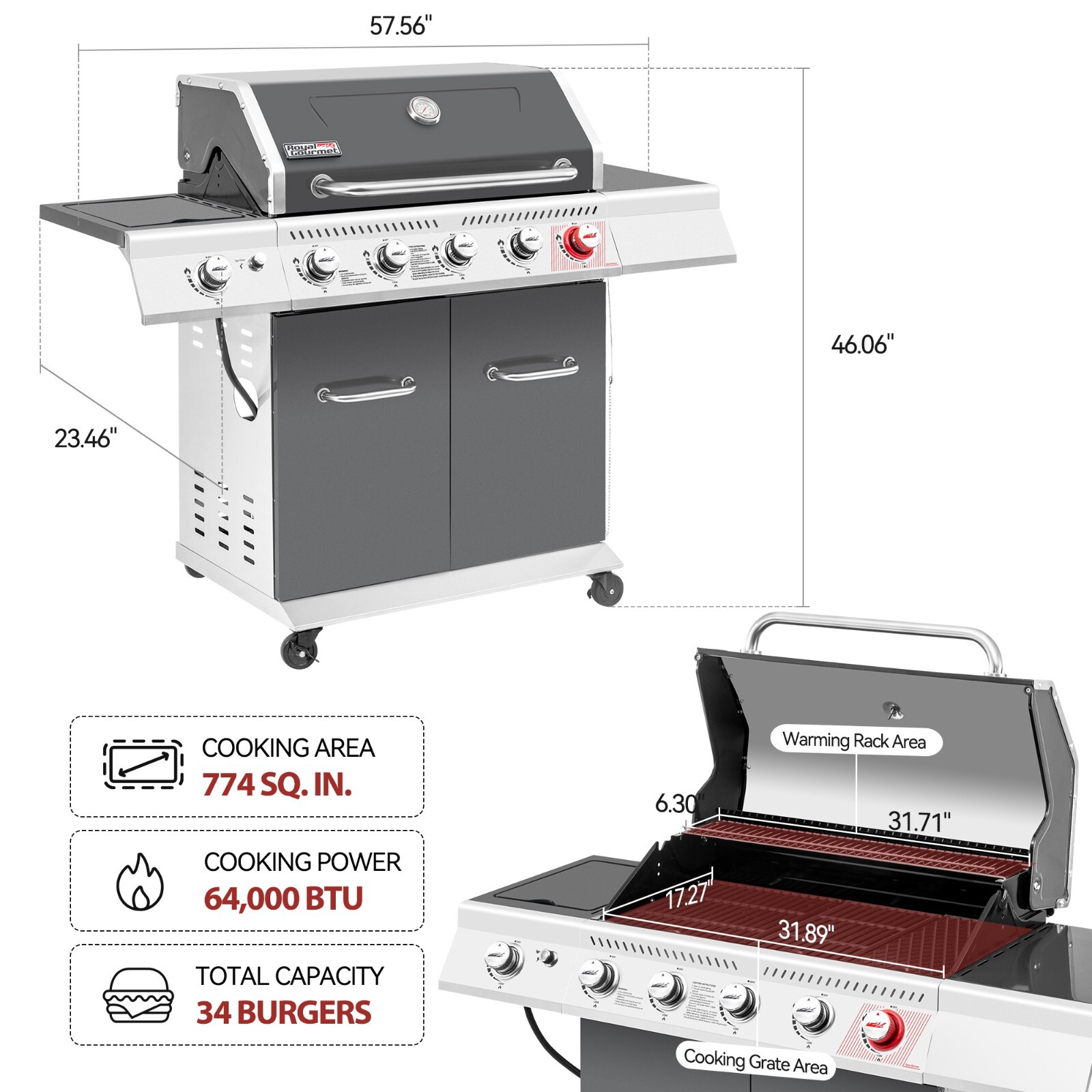 Royal Gourmet Deluxe 5-Burner Gas Grill with Sear Burner and Side Burner Grey