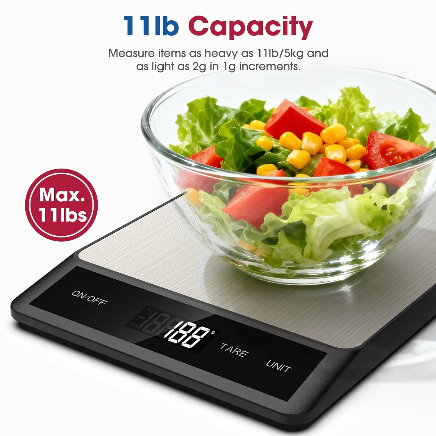 Digital kitchen scale 11lb/5kg, 1g precision, 6 units, stainless steel LCD