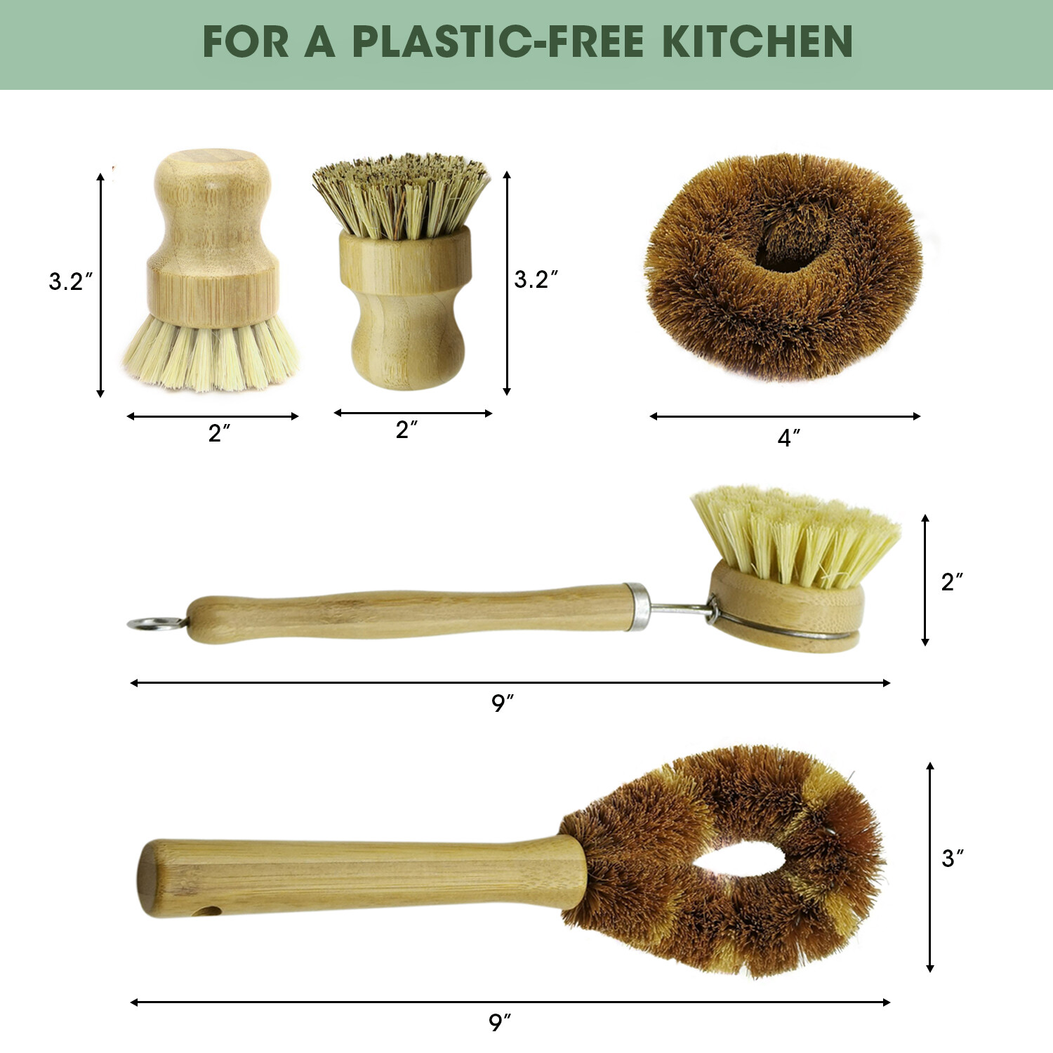 Bamboo Dish Brush Set for Eco-friendly Home Wooden Kitchen Cleaning Set 5 Pieces