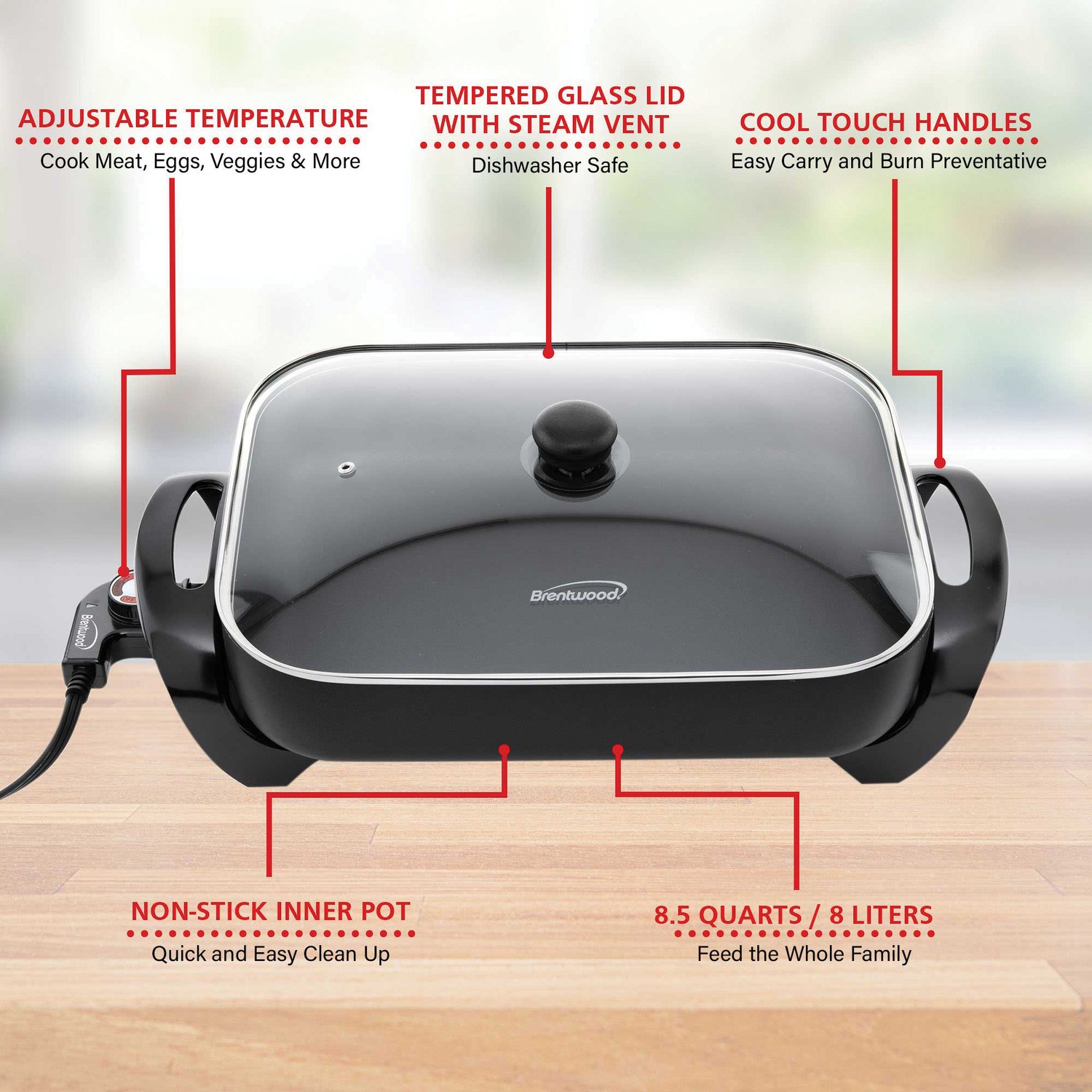 Brentwood Nonstick Electric Skillet with Glass Lid (1,400W; 16″)