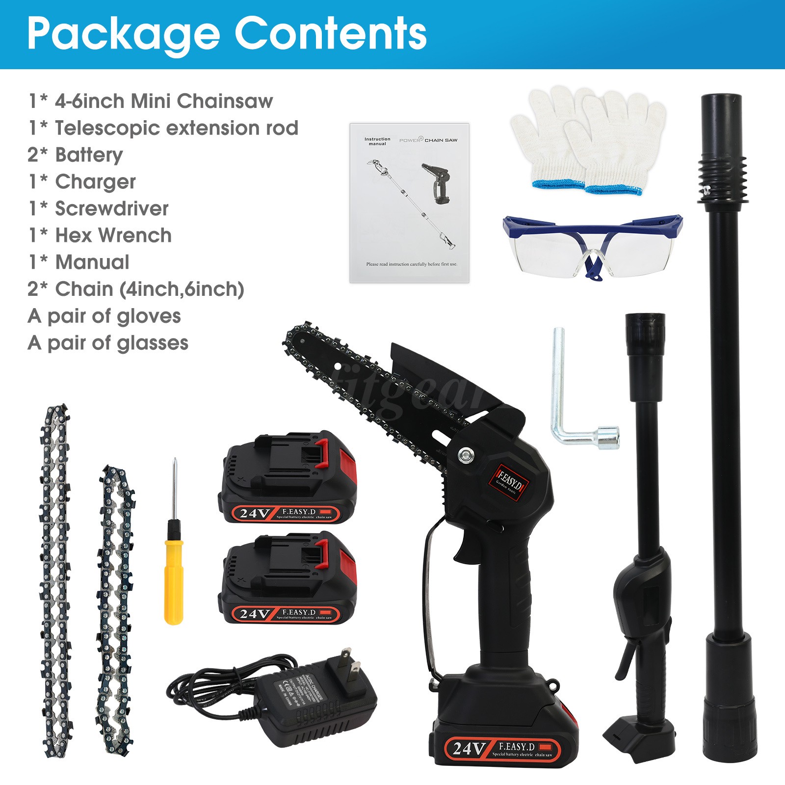 4-in-1 Cordless Pole Saw Electric Pruning Shears 8 Inch Mini Chainsaw 16Ft Reach