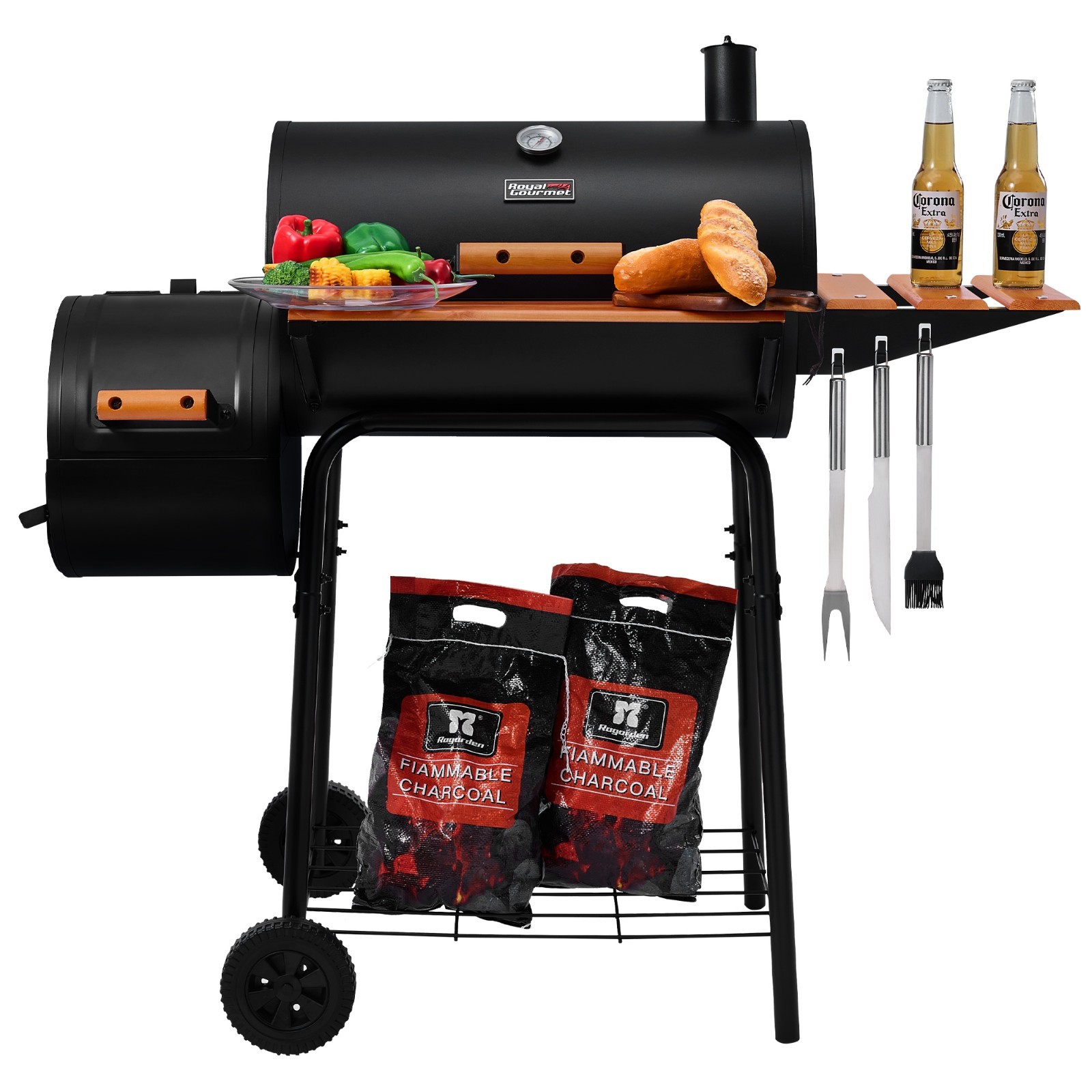Royal Gourmet Barrel Charcoal Grill with Offset Smoker for Outdoor Grilling