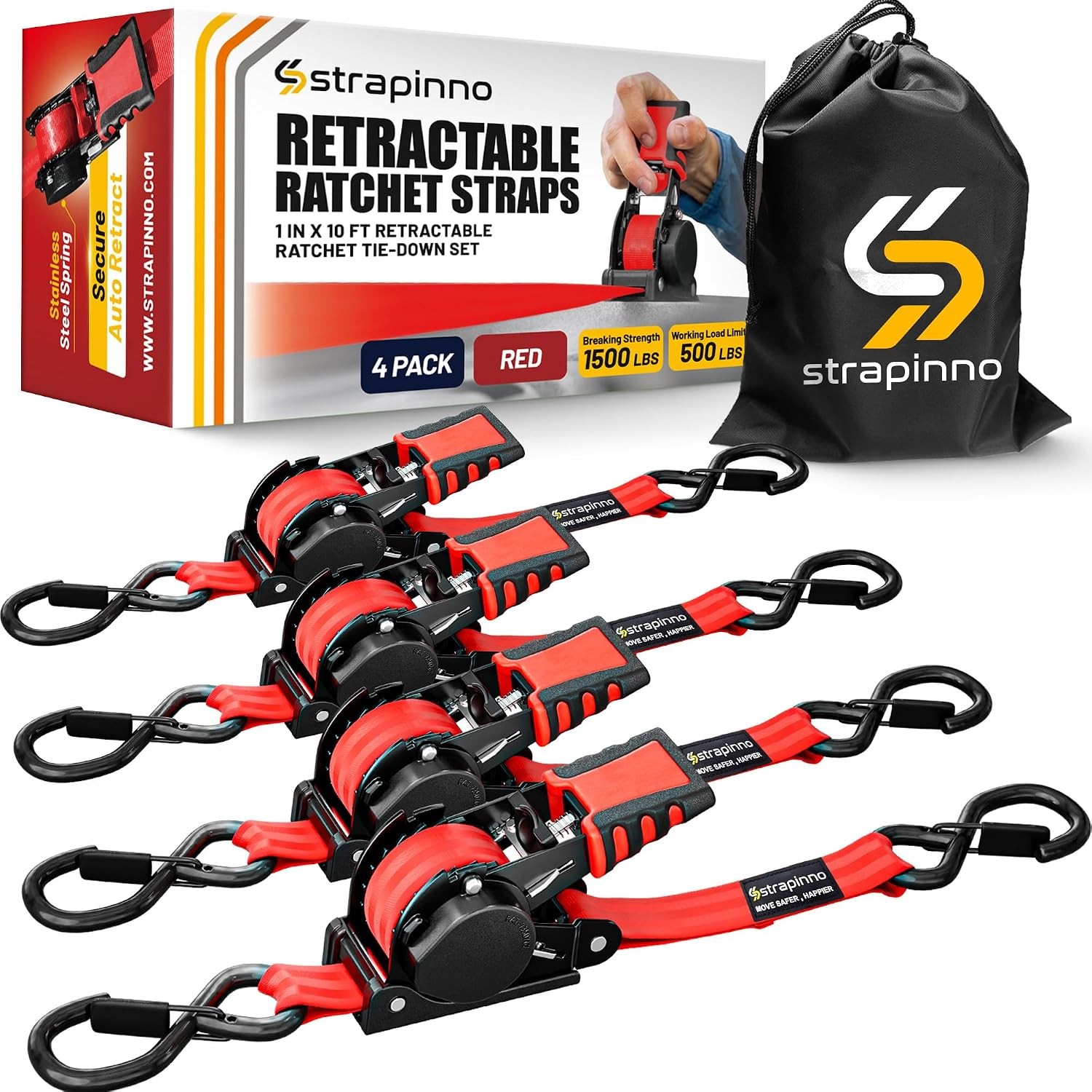 Retractable Ratchet Straps 4-Pack 1 in x 10 ft 1,500LBS Break Strength Most