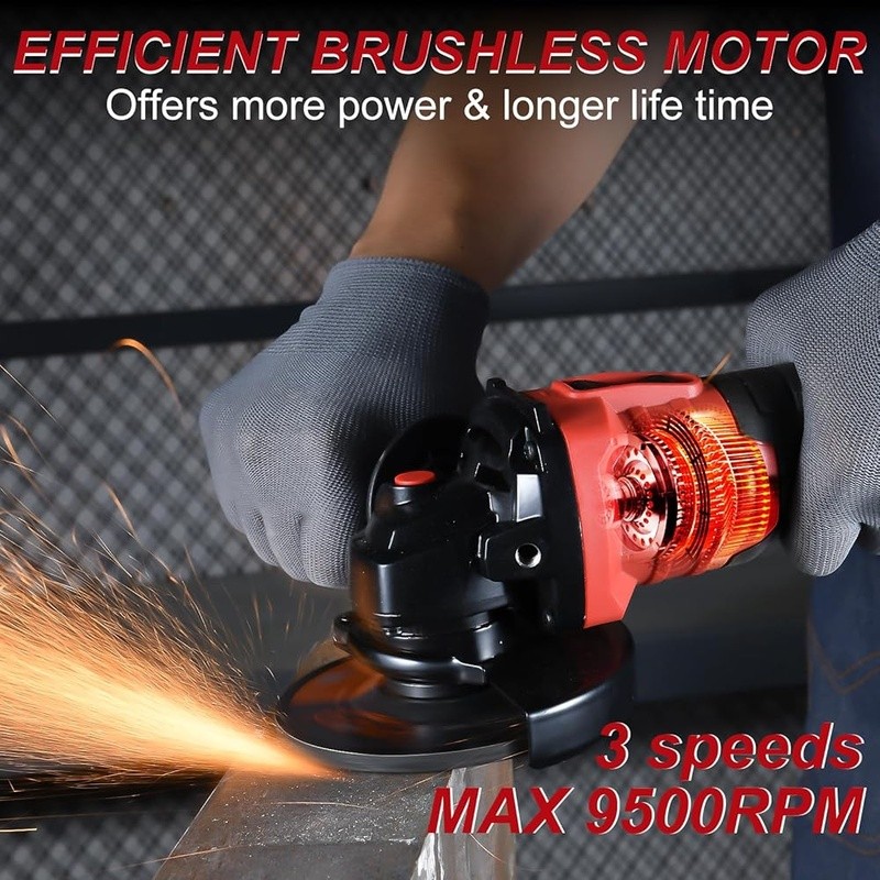 Cordless Brushless Angle Grinder 21V 3 Speed 9500RPM 2 Batteries Accessories New