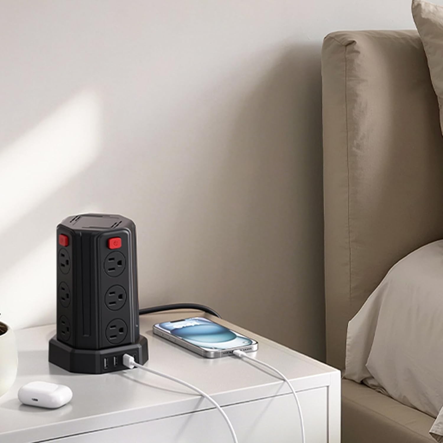 Compact 12-Outlet Power Strip with 4 USB Ports – 6.5 Ft Surge Protection Tower