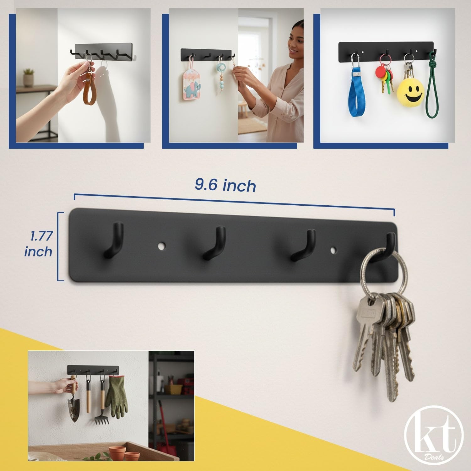 Key Holder Wall Mount Key Rack Hanging Keys Hanger Hooks Wall-Mounted Black Rail
