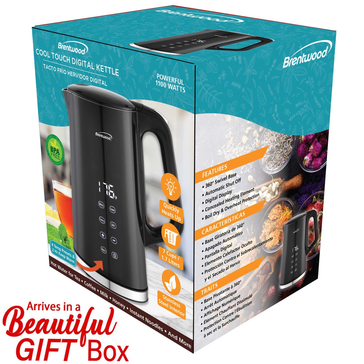 1100W 1.7L Cordless Cool-Touch Digital Electric Kettle Stainless Steel Interior