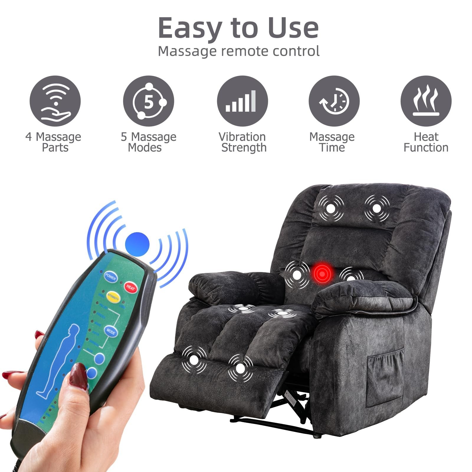 Canmov Manual Recliner Chair with Vibration Massage and Heat, Soft Fabric Chair