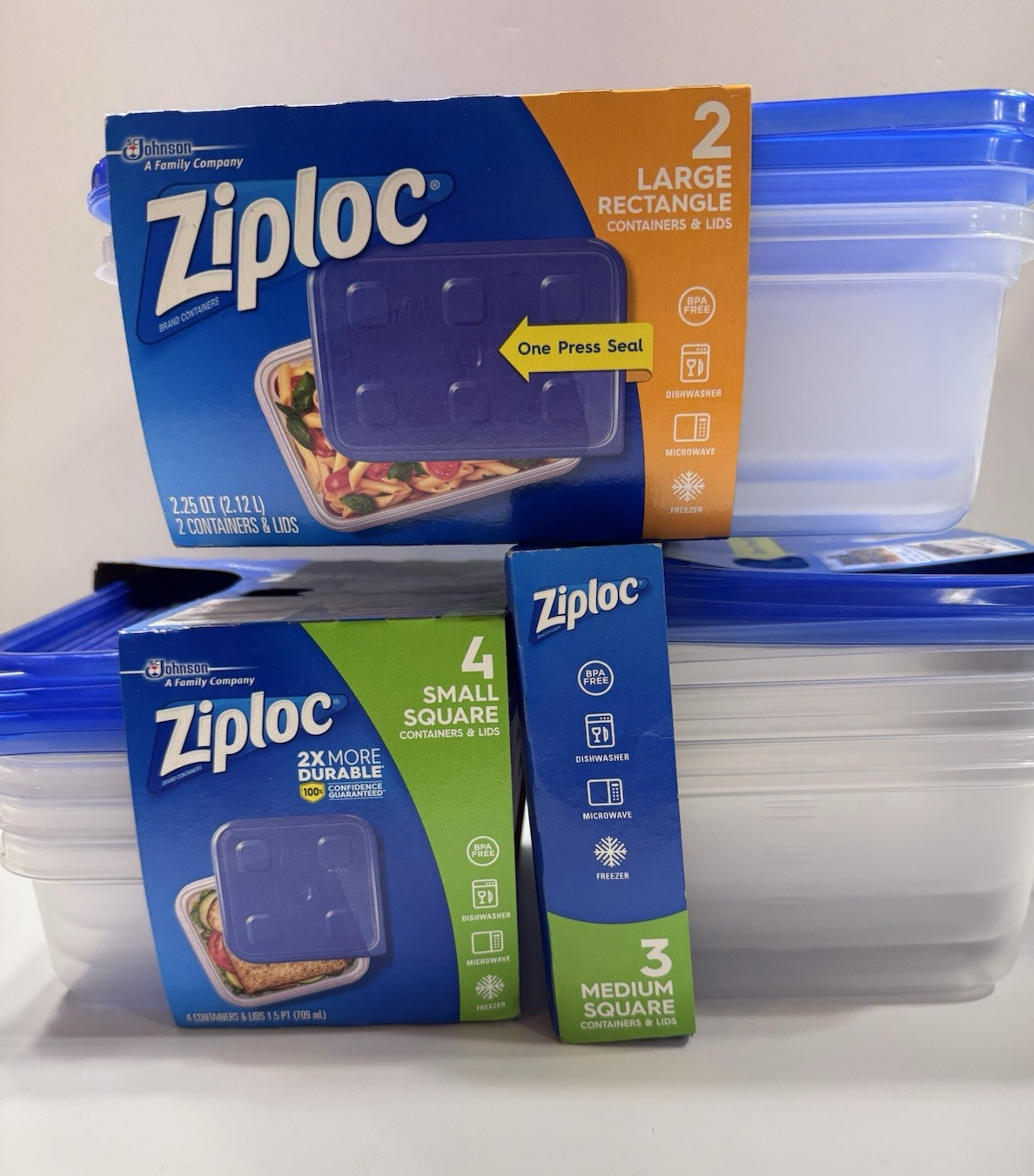 9 SETS Ziploc One Press Seal Large Rectangle/ Med Square/ Sm Square Containers
