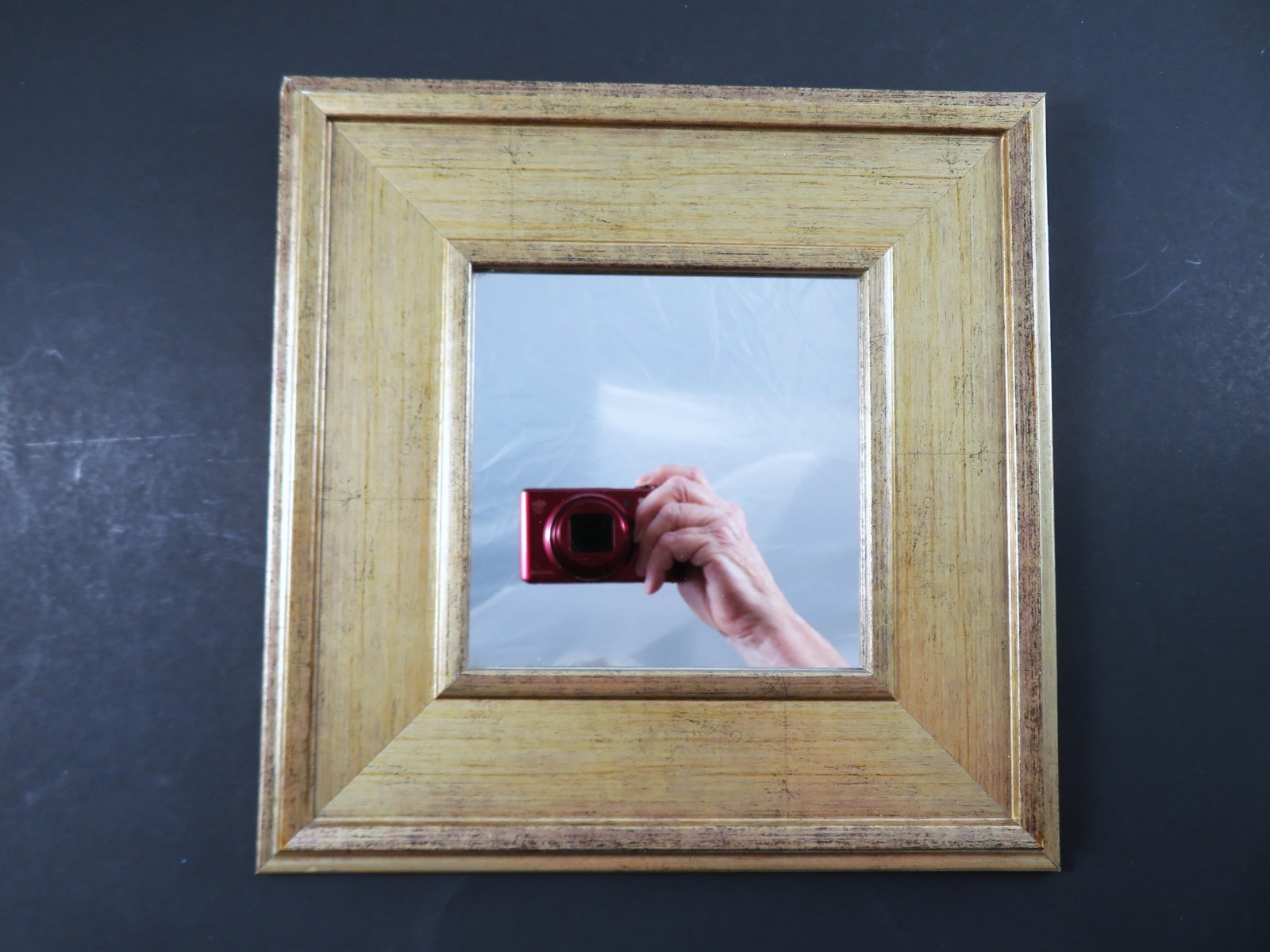 Pair Regency Square Wall Mirrors Framed In Beveled Gold Plastic Wood-Look 9.8 In