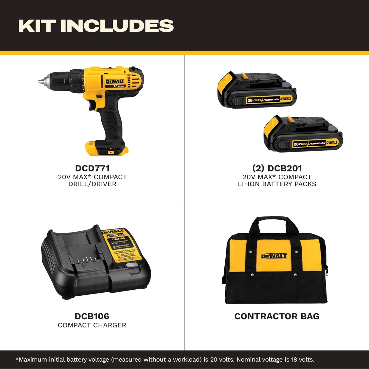 DEWALT DCD771C2 20V Max 1/2″ Drill Driver Kit – 2x 1.3Ah, Charger, Bag