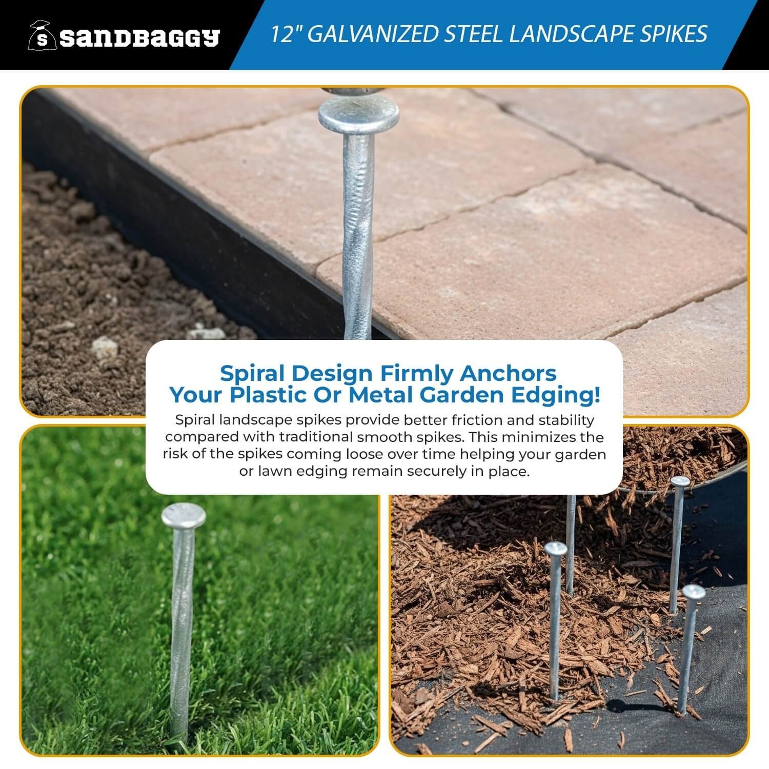 12 in. Galvanized Spiral Landscape Edging Spikes – 1 Gauge Steel – Sandbaggy