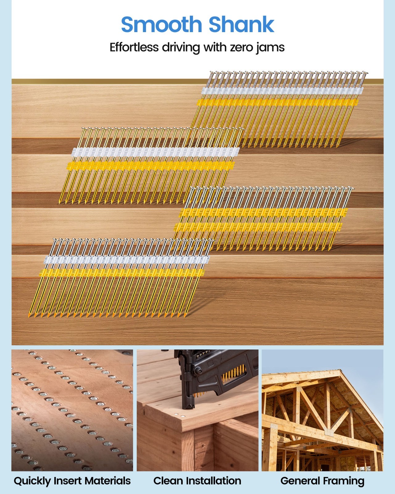 2,000 pcs 21 Degree Framing Nails 2-3/8″ to 3-1/2″Length Galvanized Smooth Shank