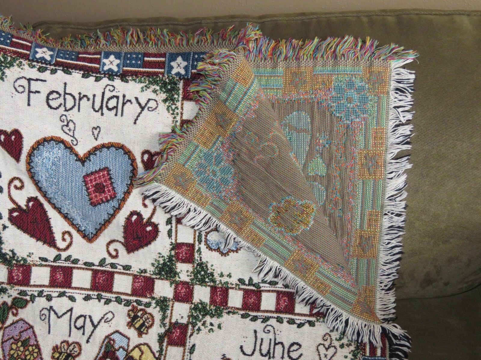 Tapestry Throw Afghan Blanket AMERICANA 12 Months Calendar Seasons VINTAGE