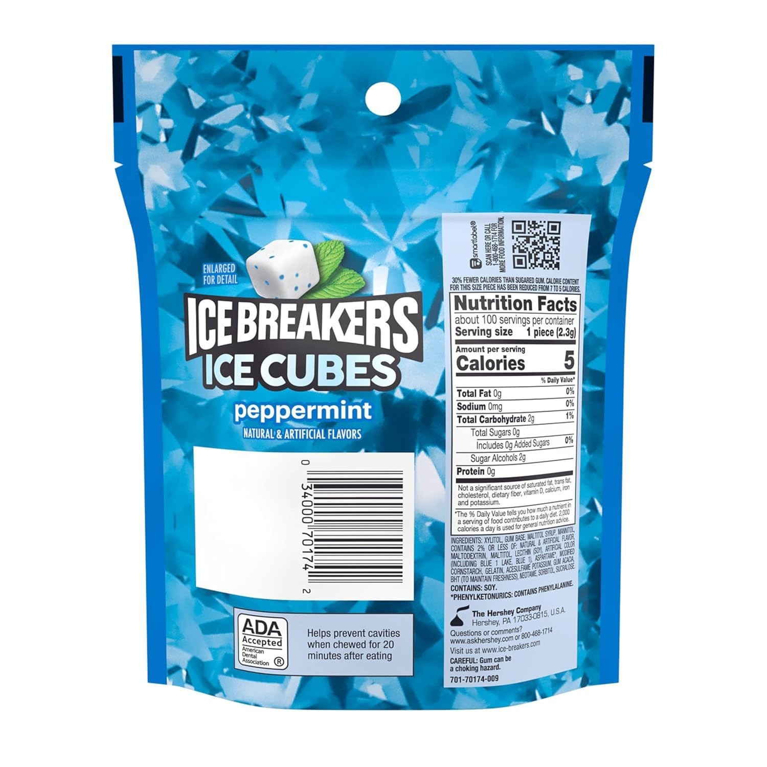 Ice Cubes Peppermint Sugar Free Chewing Gum Pouch, 8.11 oz 100 Pieces