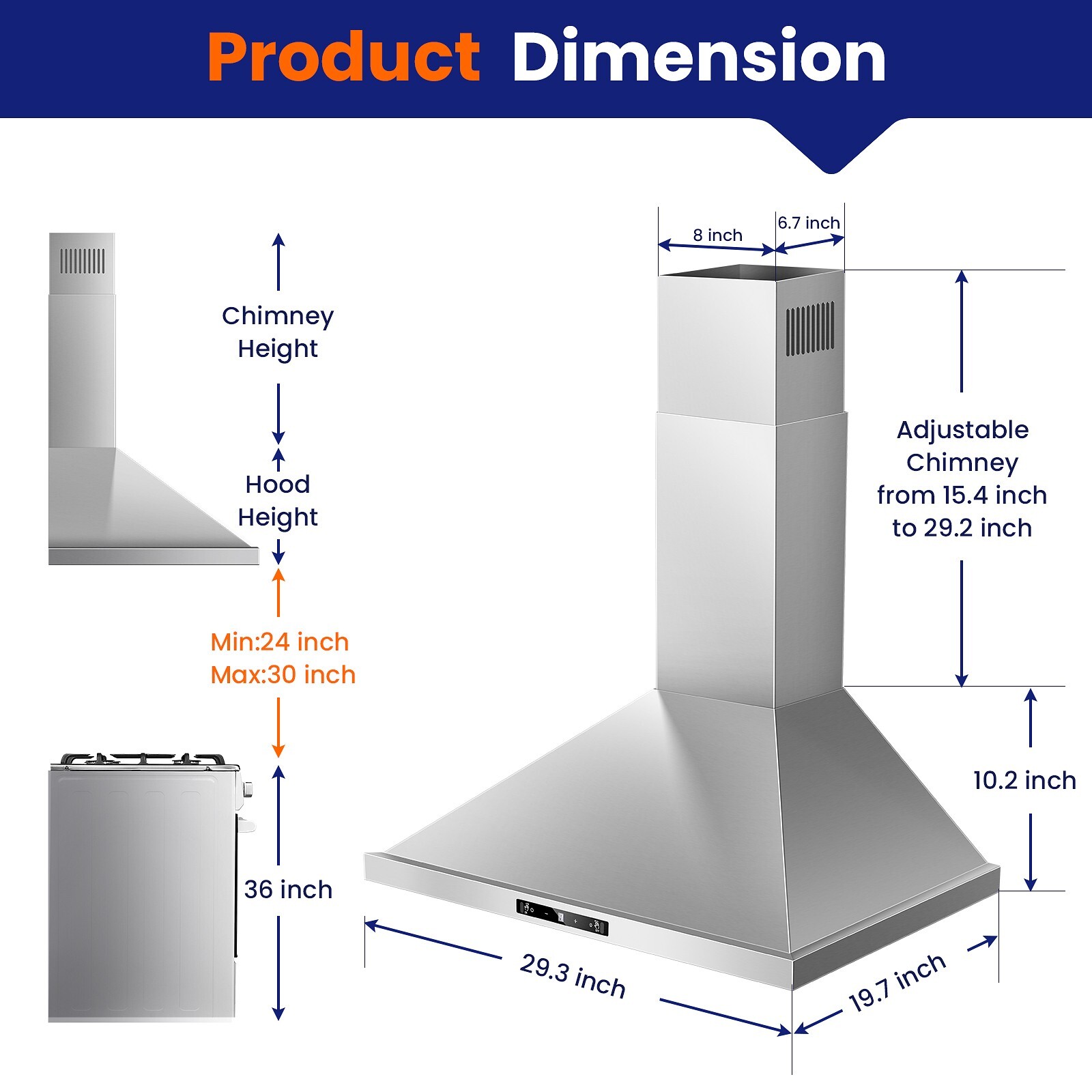 30 in Wall Mount Range Hood 700 CFM Kitchen Hood Stainless Steel Stove Vent Hood
