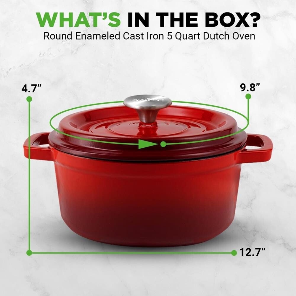 NutriChef 12.7 in x 9.8 in 5qt Dutch Oven Pot Cast Iron & Enameled Red