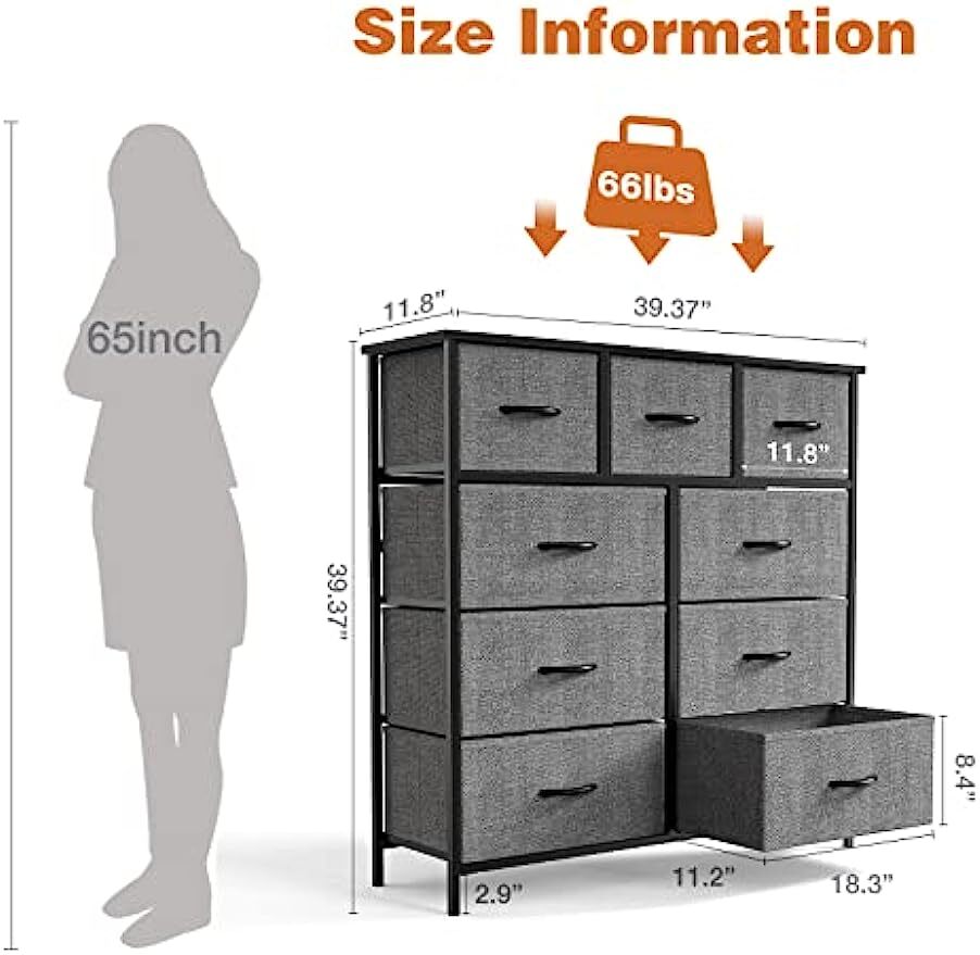 Gray 9 Storage Drawer Dresser for Bedroom Tall Wood Dresser Fabric Storage Tower