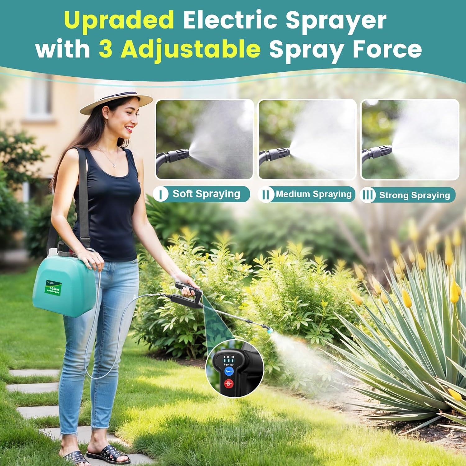 Battery Powered Sprayer 1.35 Gallon, 2026 Electric Garden Sprayer with 3 Adjusta