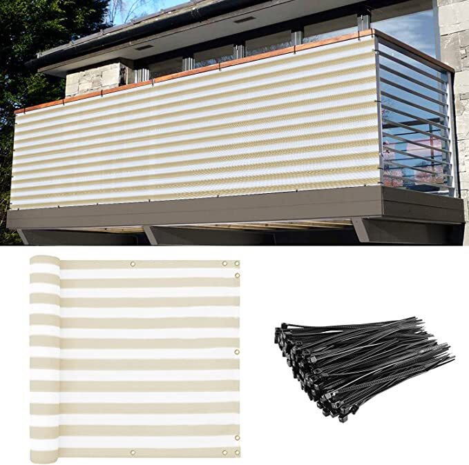 Beige White stripes Privacy Screen Fence Patio Deck Balcony Porch w/Grommets