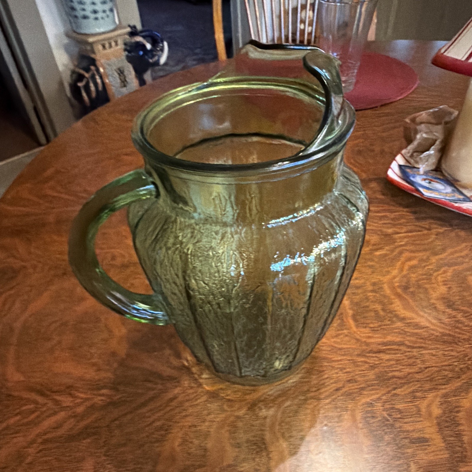 Green Glass Textured Handled Pitcher 2 qt Vintage Glossy Finish 8.5 in