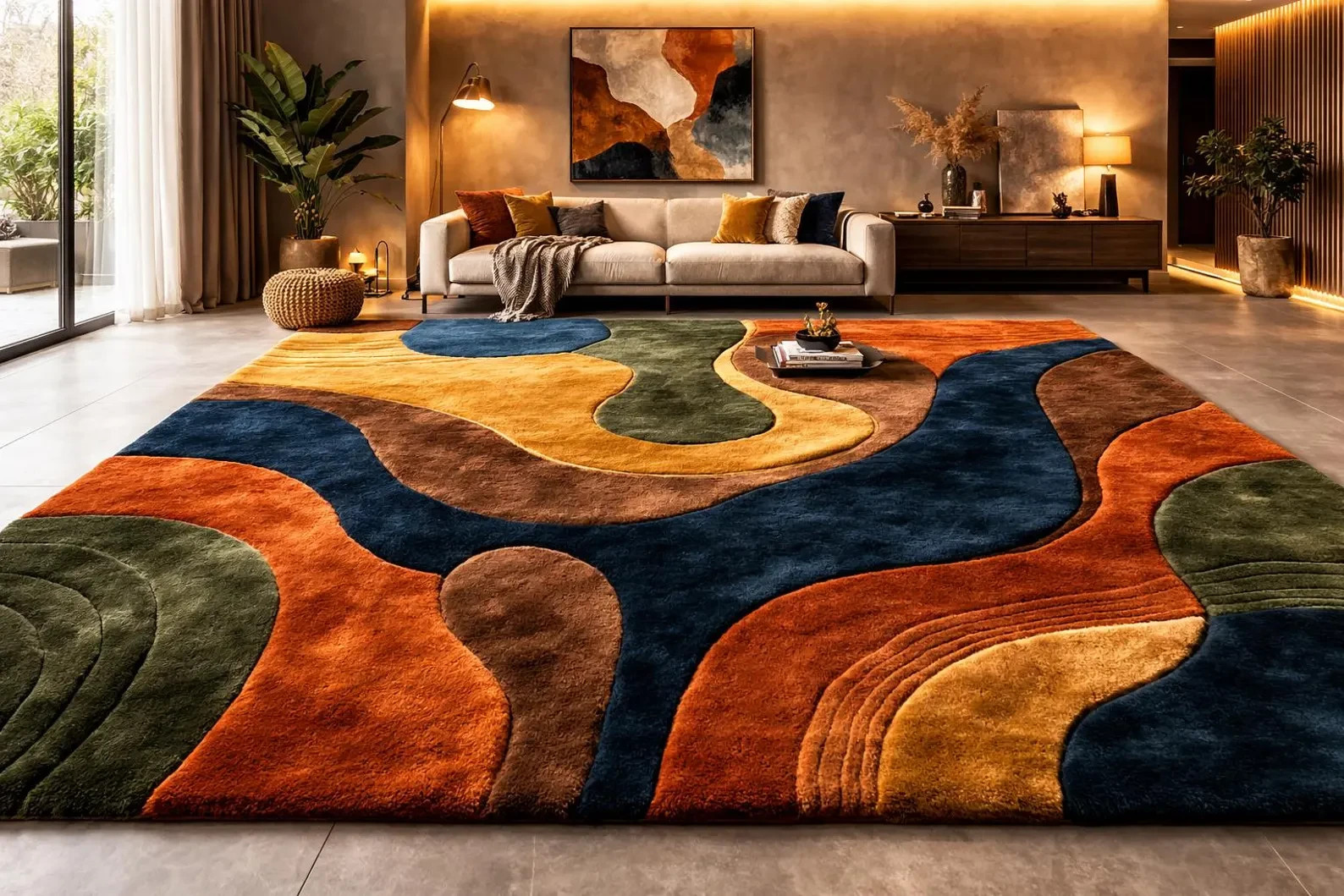 Mid Century Modern Hand-Tufted Retro Earth Tone Decor Rug Large Abstract 3d Rug.