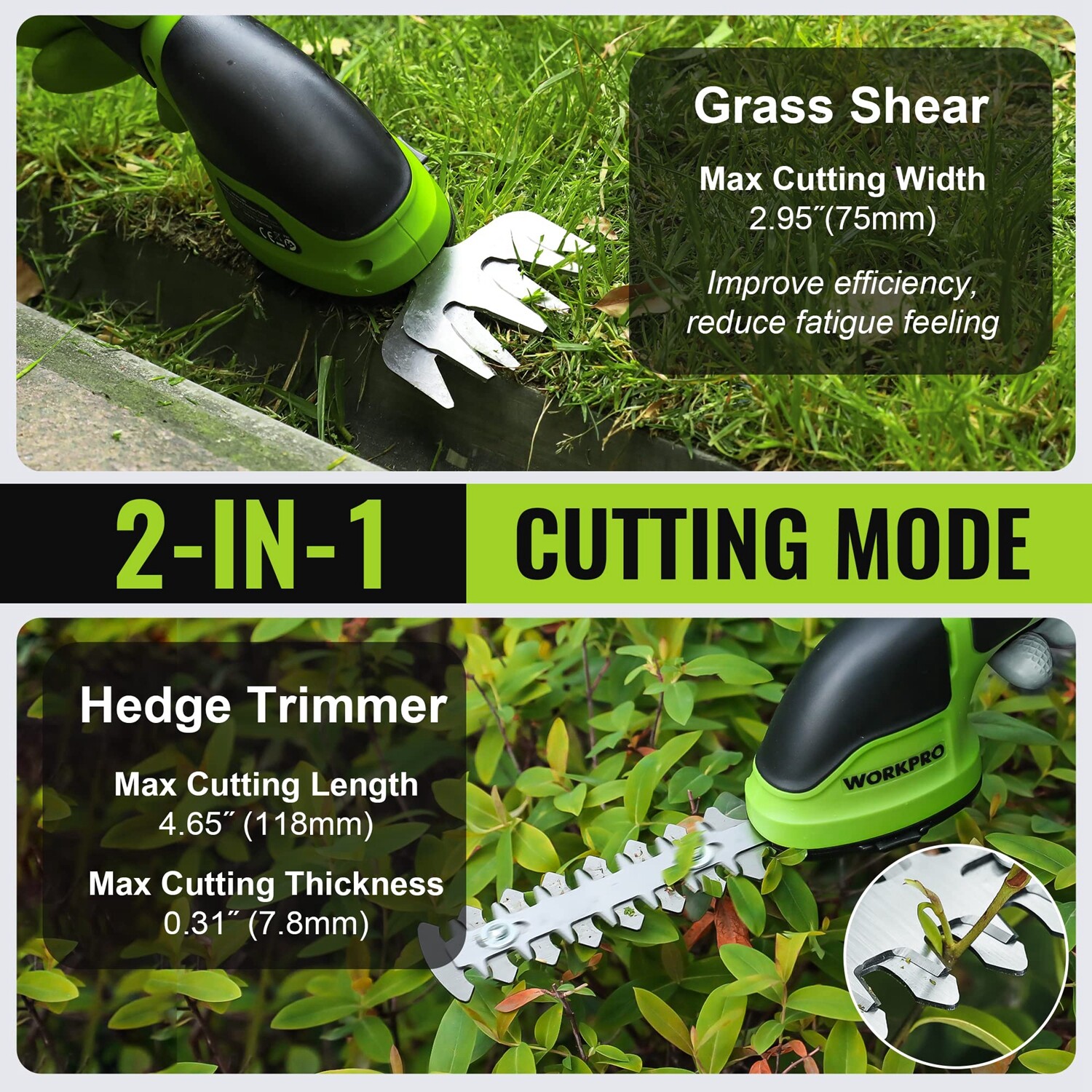 WORKPRO Cordless Grass Shear Shrubbery Trimmer 2 in 1 Hedge Shears/Grass Cutters