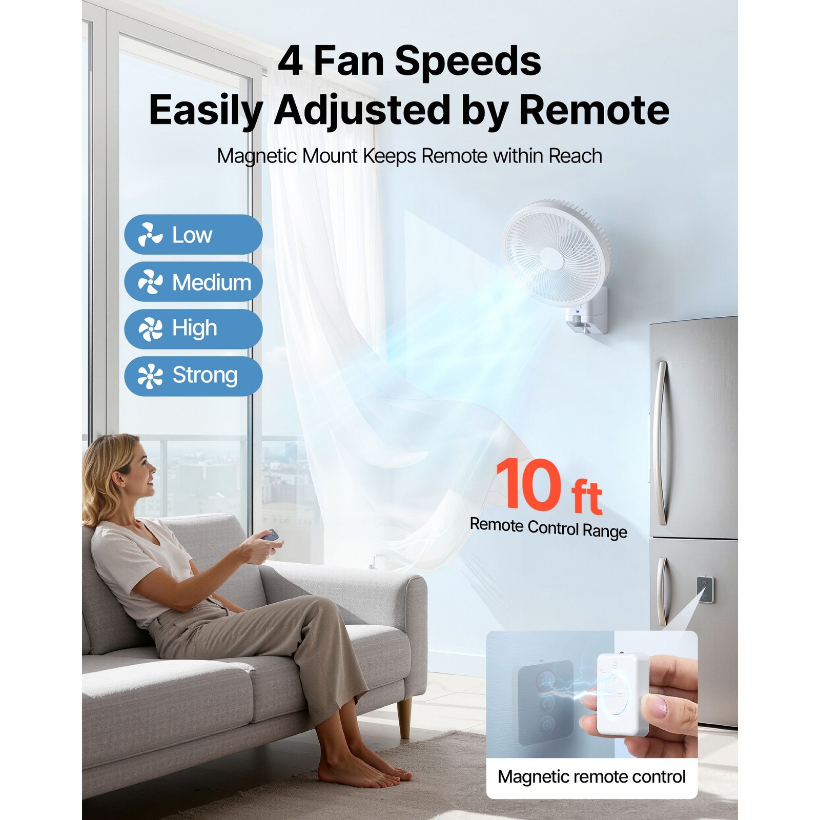 8.5 in Wall Mount Fan, Oscillating Hanging Fan with Remote Control
