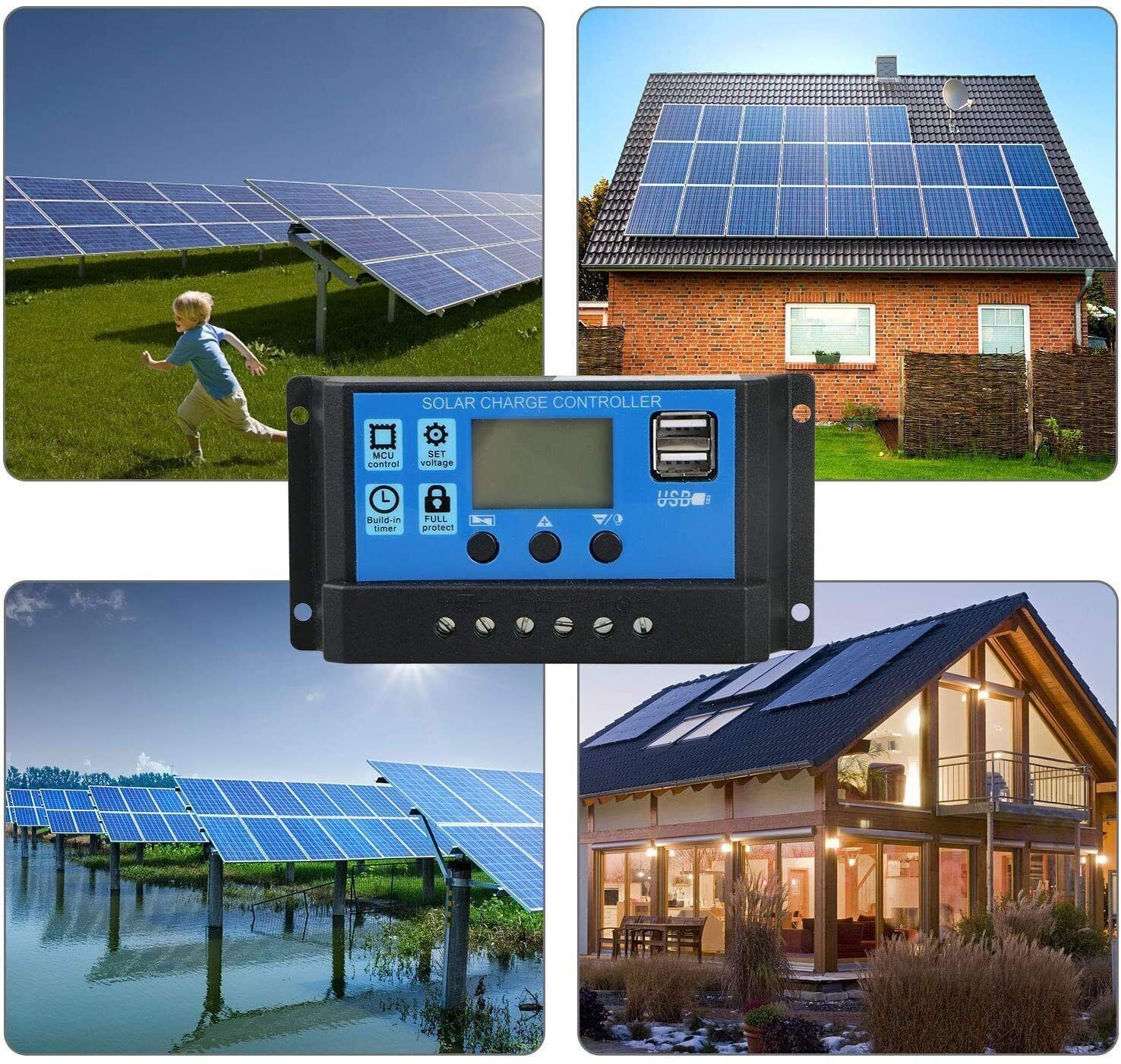 30A 12V/24V Solar Panel Battery Charge Controller LCD Auto Regulator Dual USB US