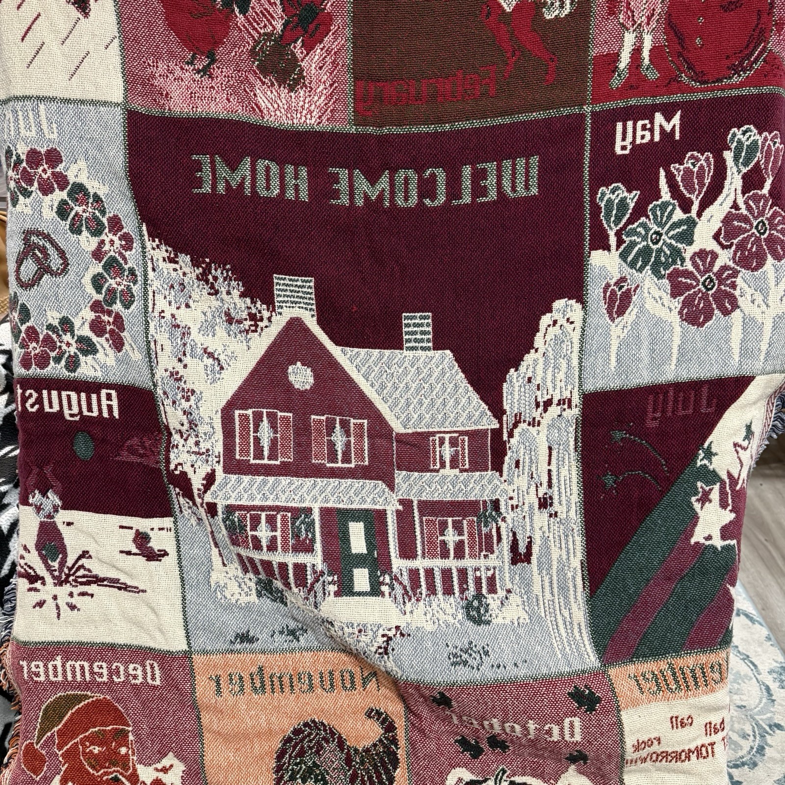 VTG 90s Tapestry Throw Blanket Welcome Home Calendar Holidays 12 Months EUC