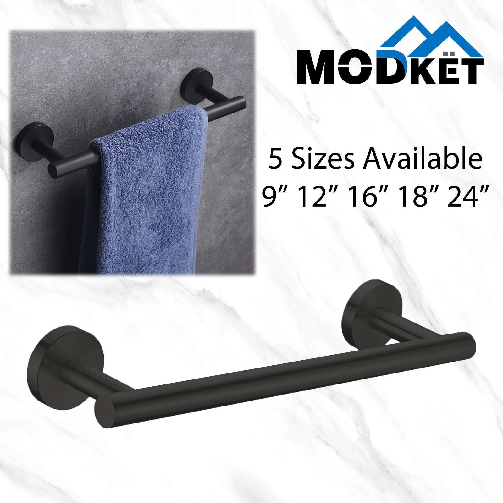 Modern Matte Black Towel Bar Rail Stainless Steel Wall Mounted Bathroom Storage