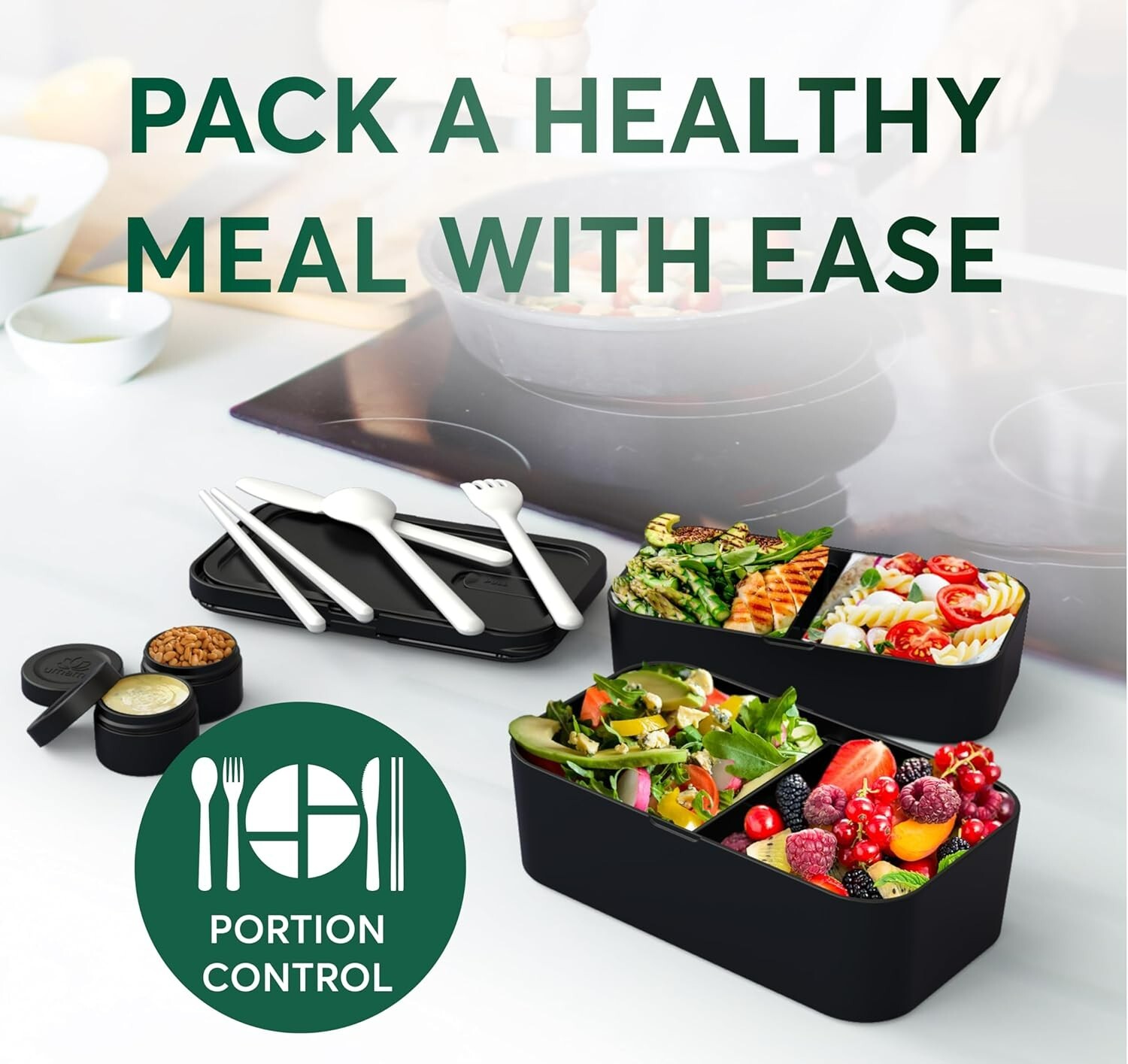 Umami Bento Box Adult – Stackable , Easy To Clean, 100% Leakproof -Bamboo Black