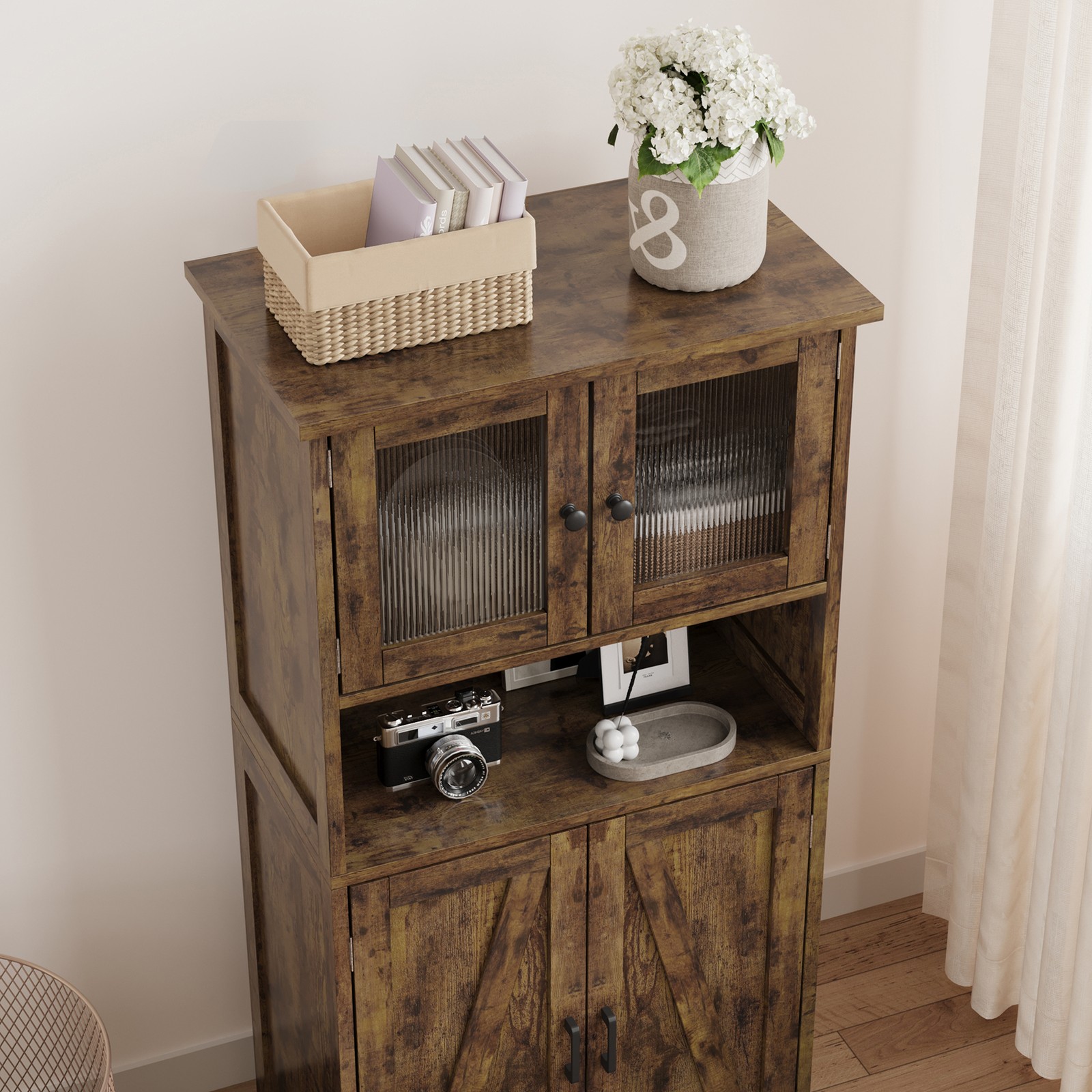 Storage Cabinet with Glass Doors & Adjustable Shelves, Kitchen Pantry Cabinet