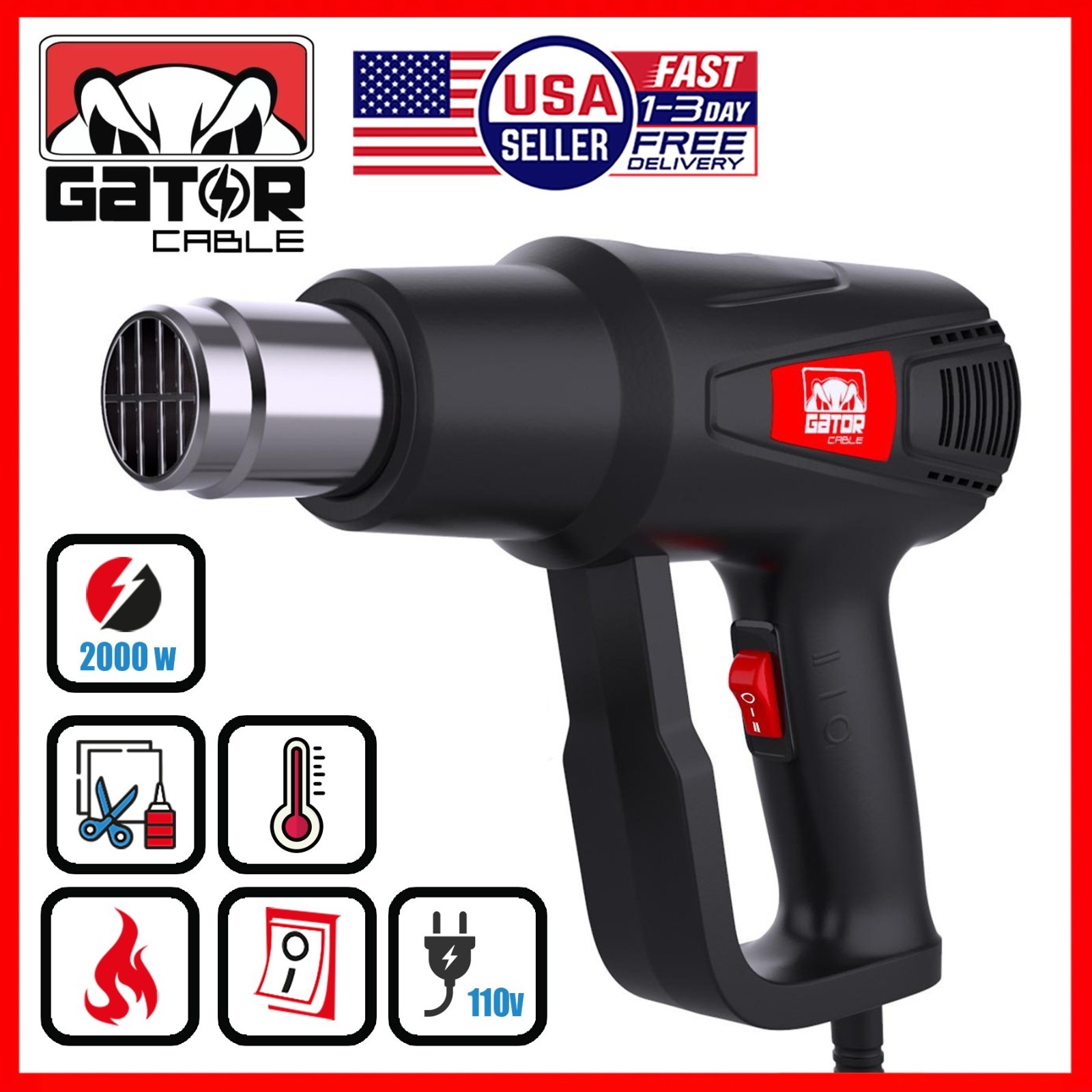 2000W Heat Gun Hot Air Gun Wind Blower Dual Temperature Settings High Power Tool
