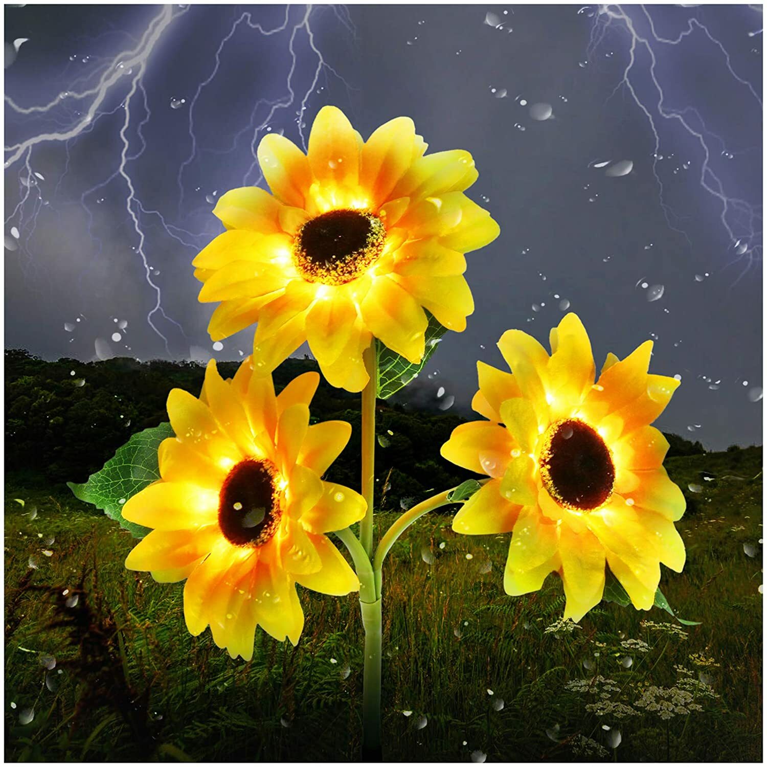 3-Lights Sunflower Outdoor Solar Garden Stake Lights Waterproof Yard Light Decor