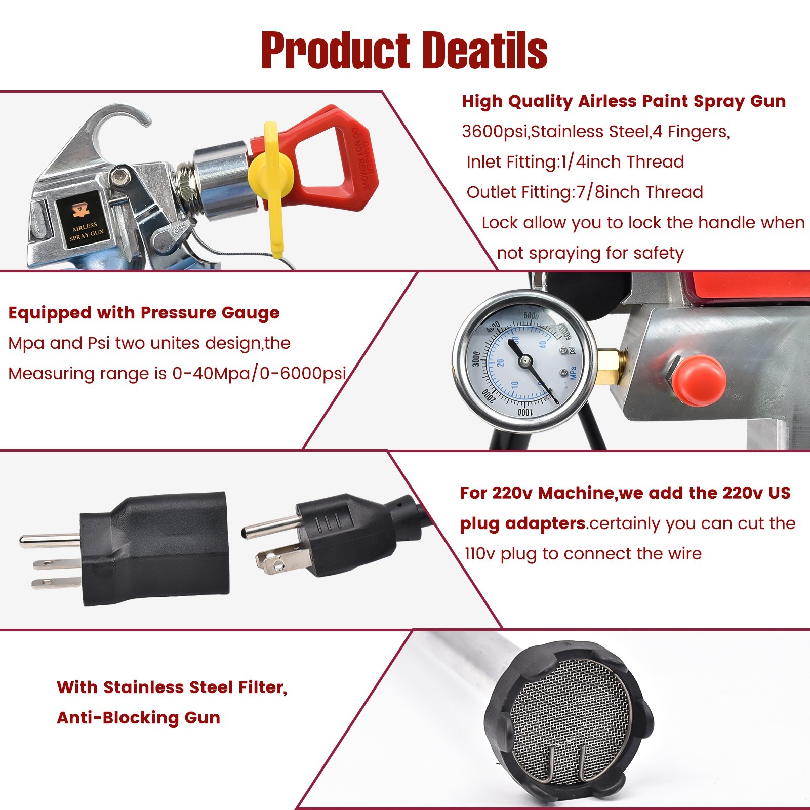 2.5HP 1700W High Pressure Airless Paint Sprayer Gun Sprayer Machine 220V-240V