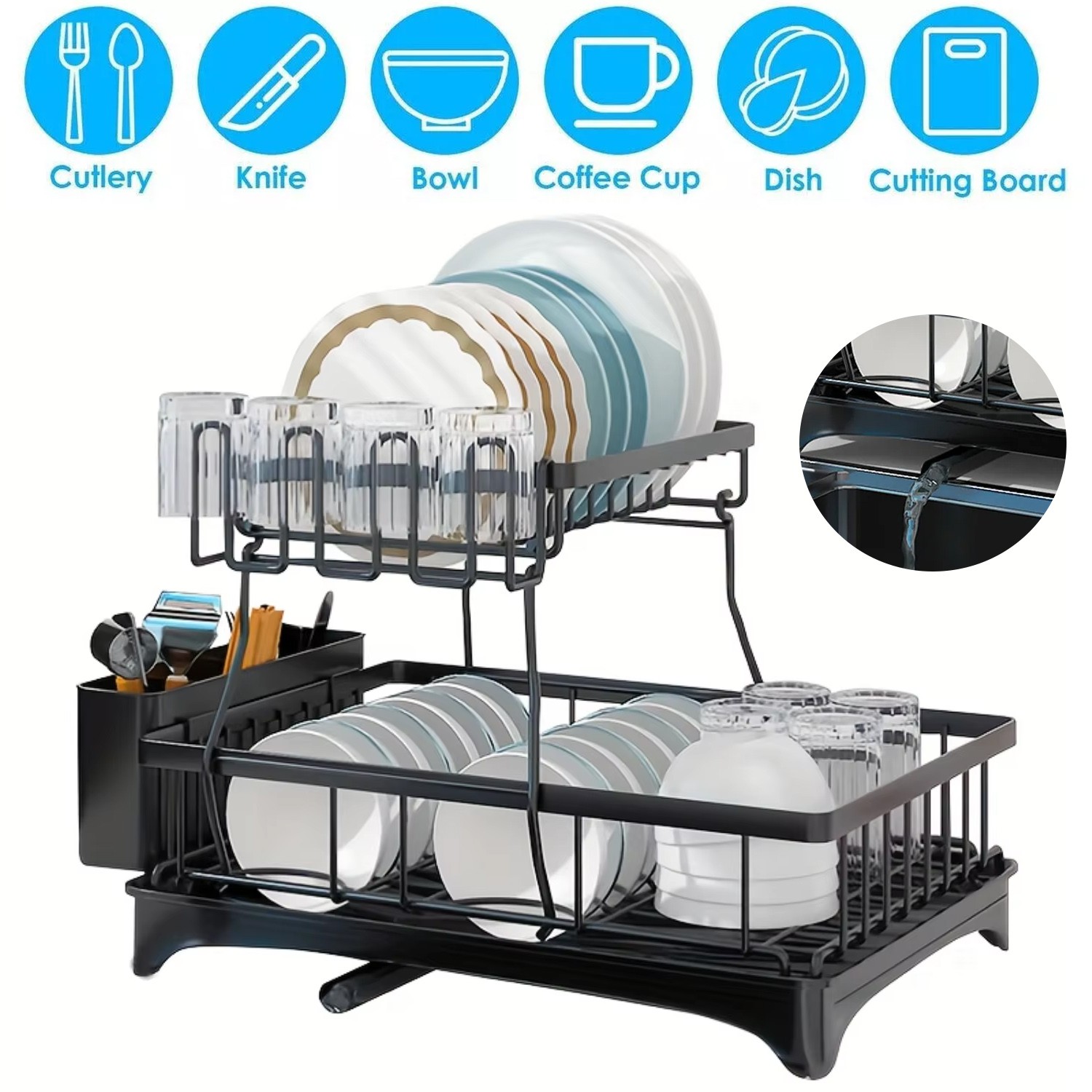 Over Sink Dish Drying Rack 2-Tier Stainless Steel Kitchen Shelf Cutlery Drainer