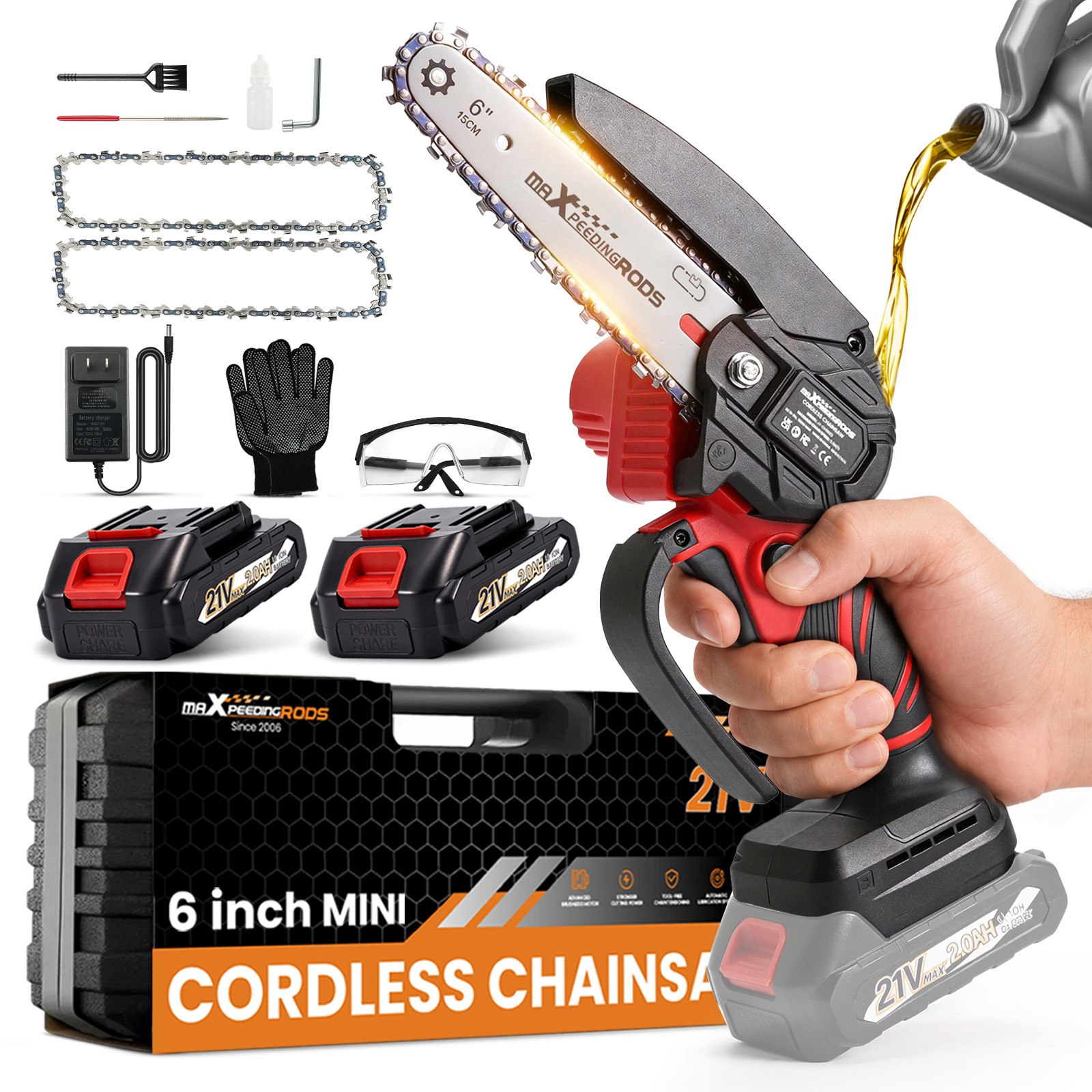 21V Cordless for Mini Chainsaw with 2 Batteries 3 Chains Portable Garden Pruning