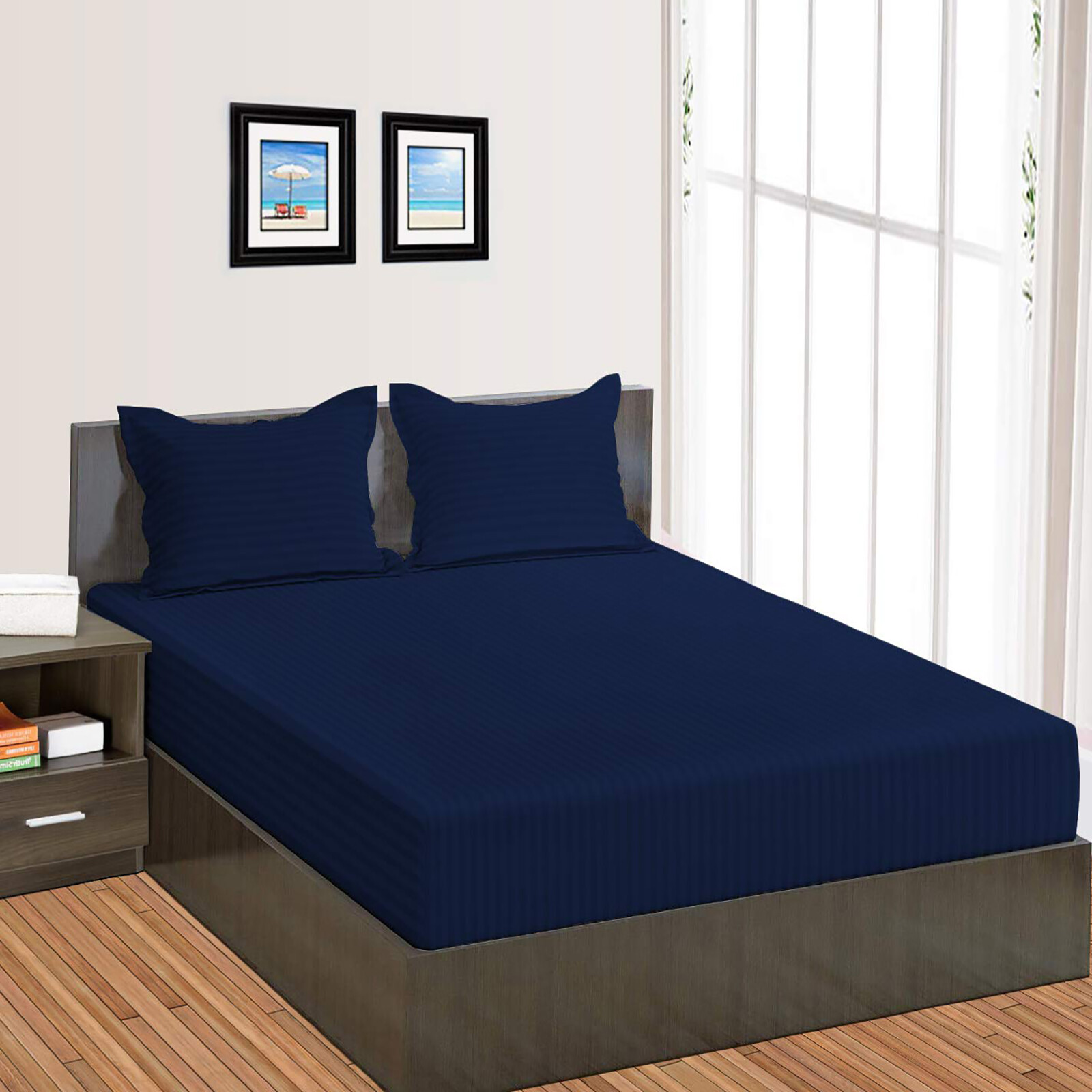 Ultra Deep Pocket 1 PC Fitted Sheet 800 TC 100% Cotton Navy Blue Stripes